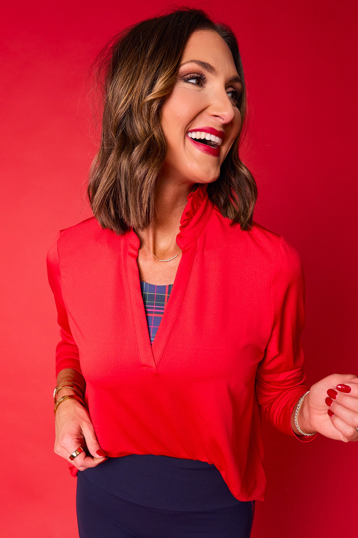 SSYS Red Long Sleeve Frill V Neck Active Top