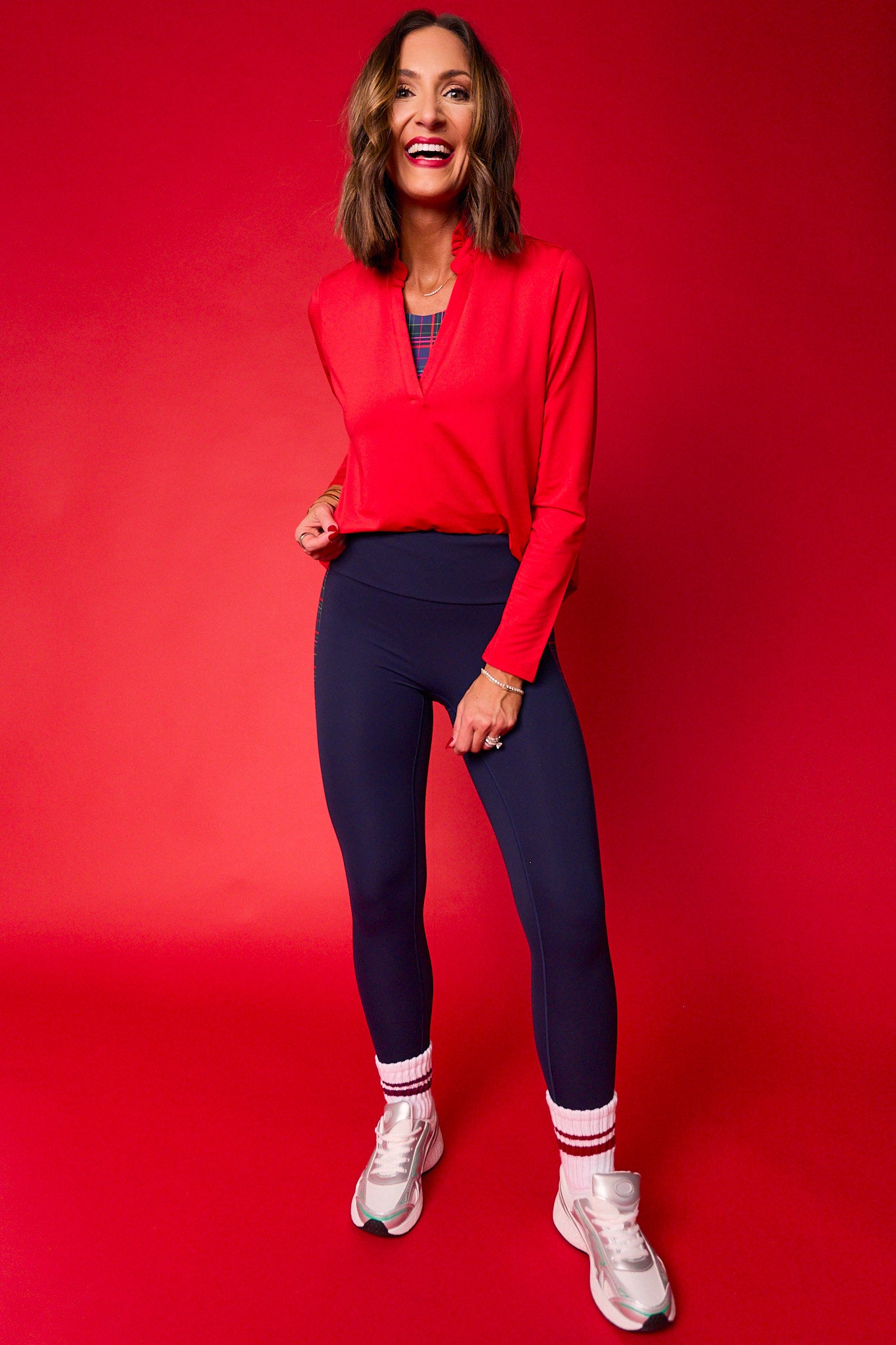 SSYS Red Long Sleeve Frill V Neck Active Top