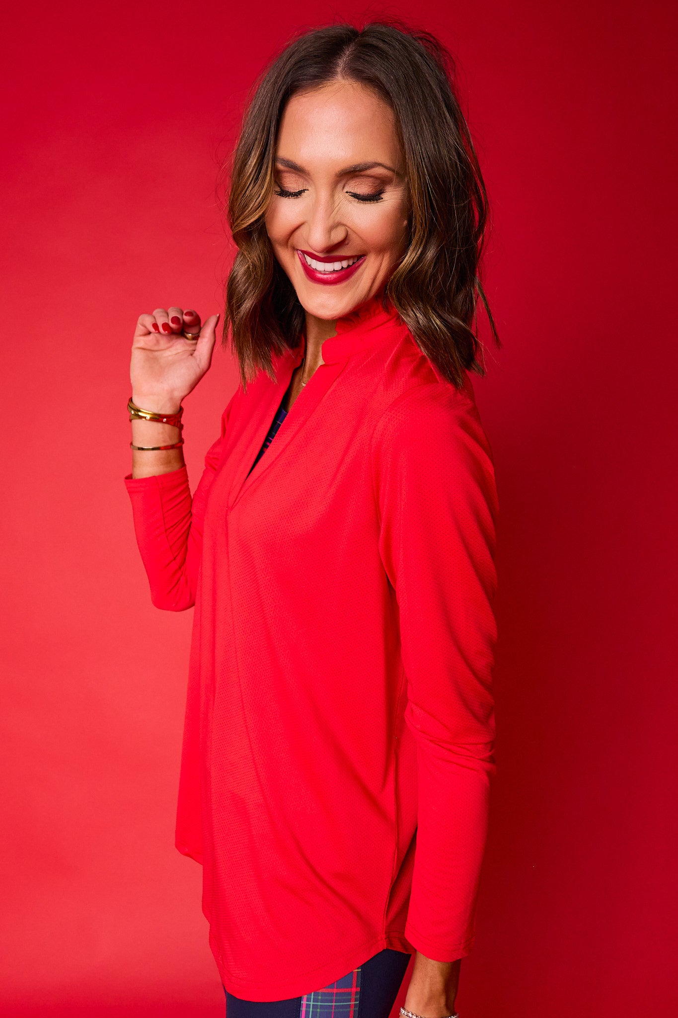 SSYS Red Long Sleeve Frill V Neck Active Top