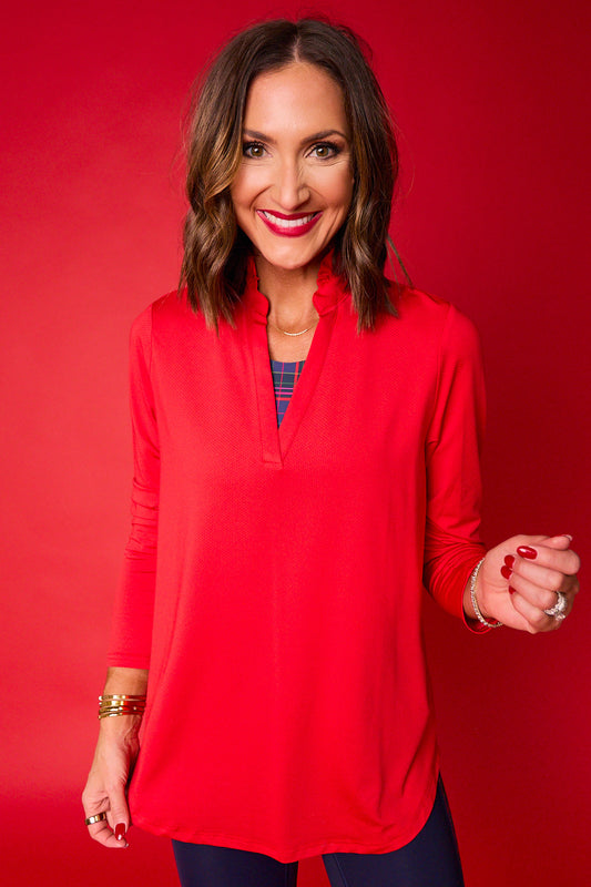 SSYS Red Long Sleeve Frill V Neck Active Top