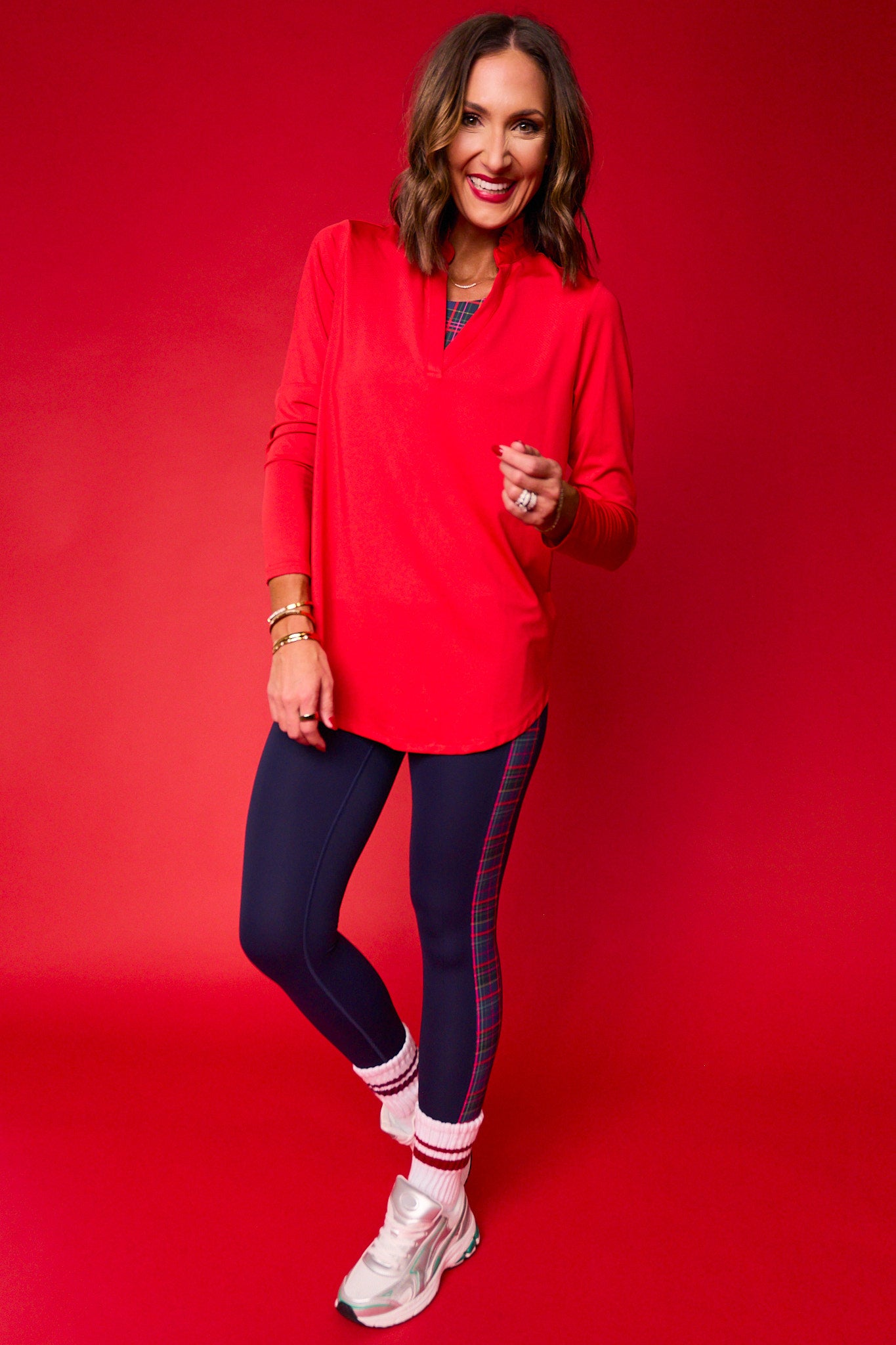 SSYS Red Long Sleeve Frill V Neck Active Top