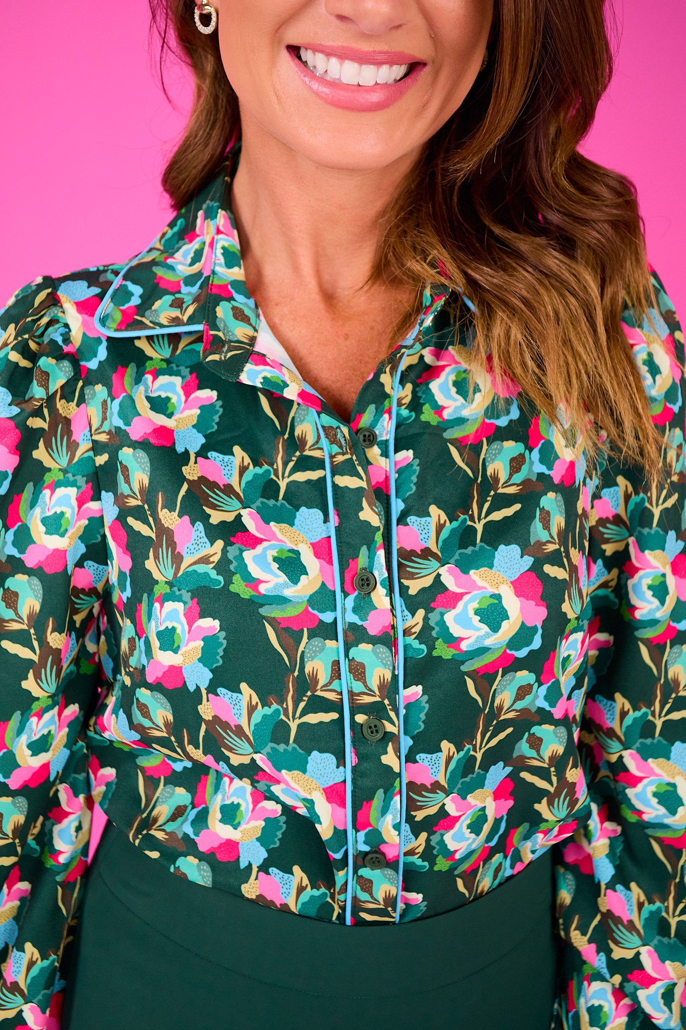 SSYS Becca Contrast Piping Button Down Top In Hunter Floral