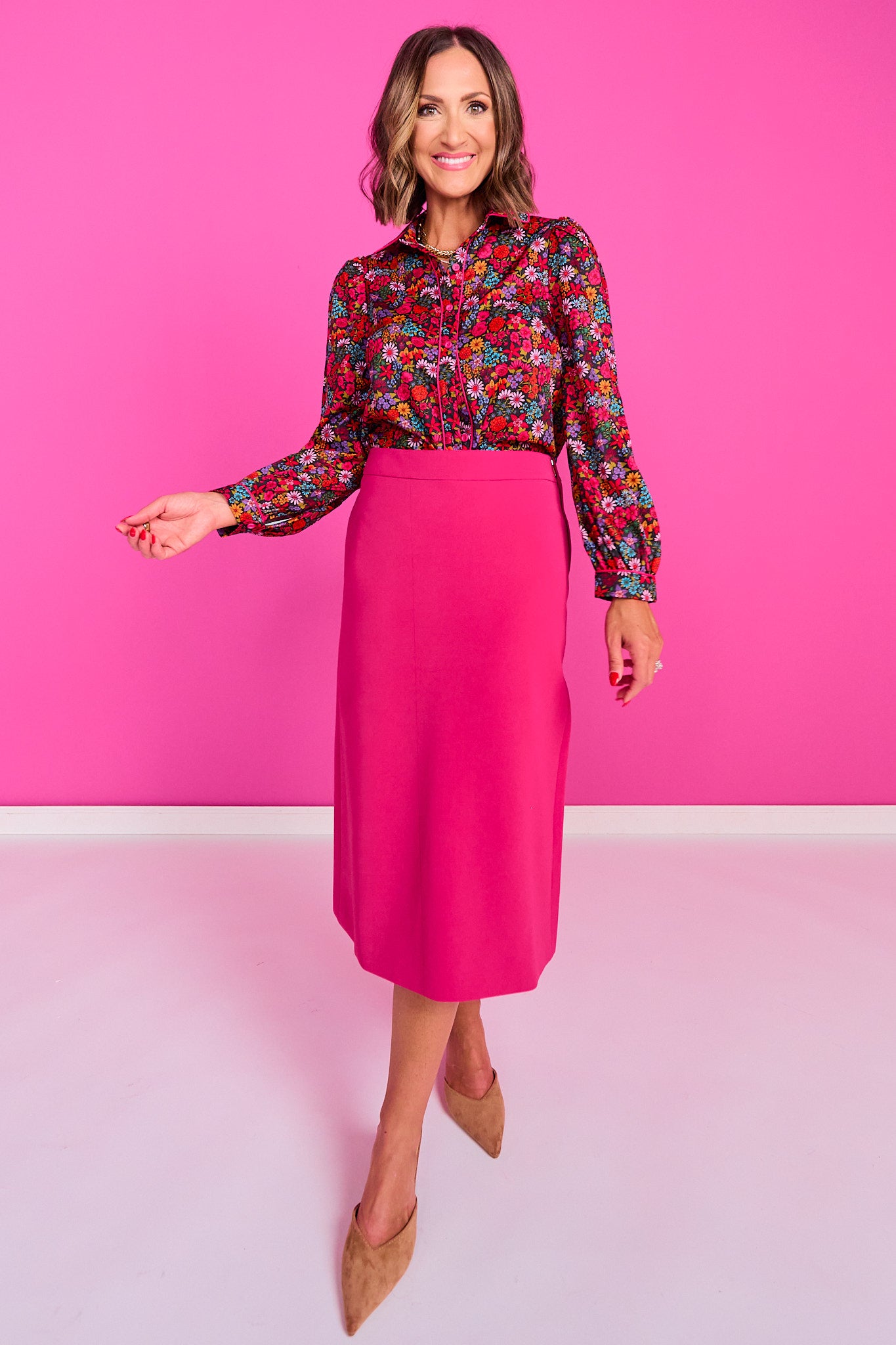 SSYS Becca Contrast Piping Button Down Top In Pink Floral