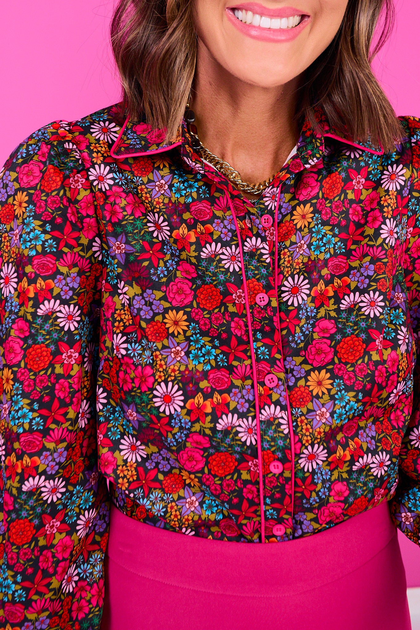 SSYS Becca Contrast Piping Button Down Top In Pink Floral
