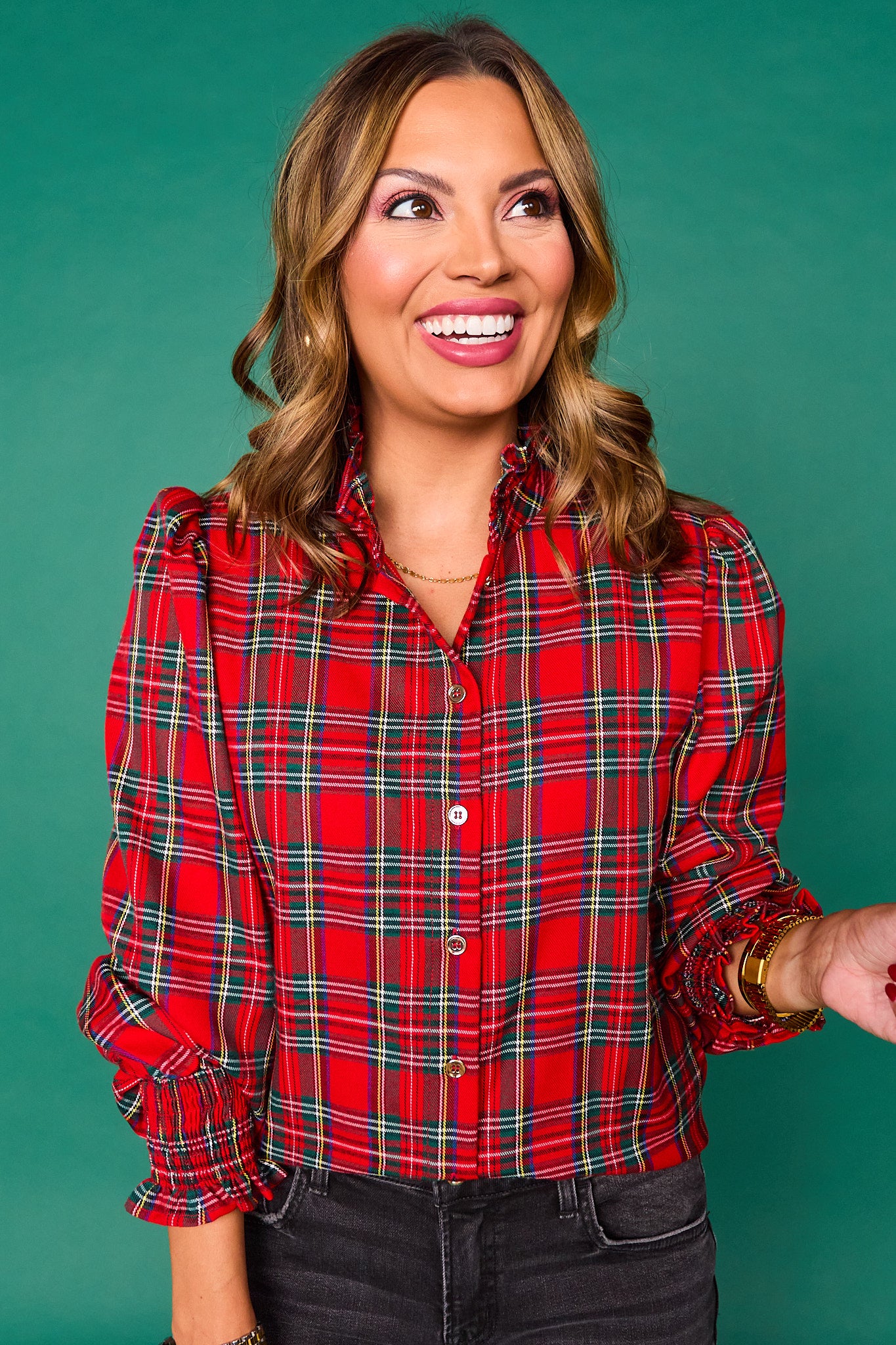 SSYS Serena Plaid Puff Smocked Long Sleeve Button Down Top In Red