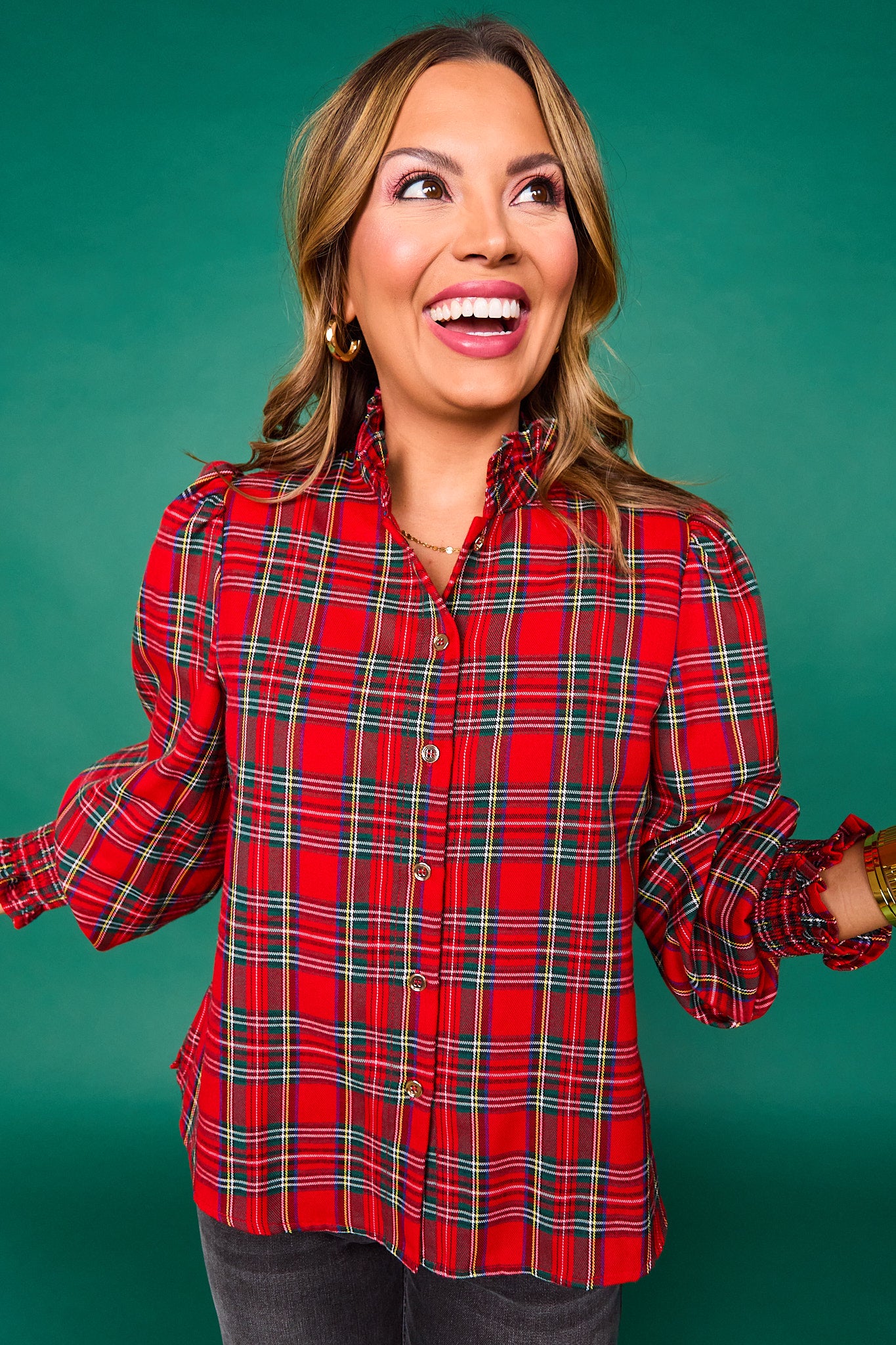 SSYS Serena Plaid Puff Smocked Long Sleeve Button Down Top In Red