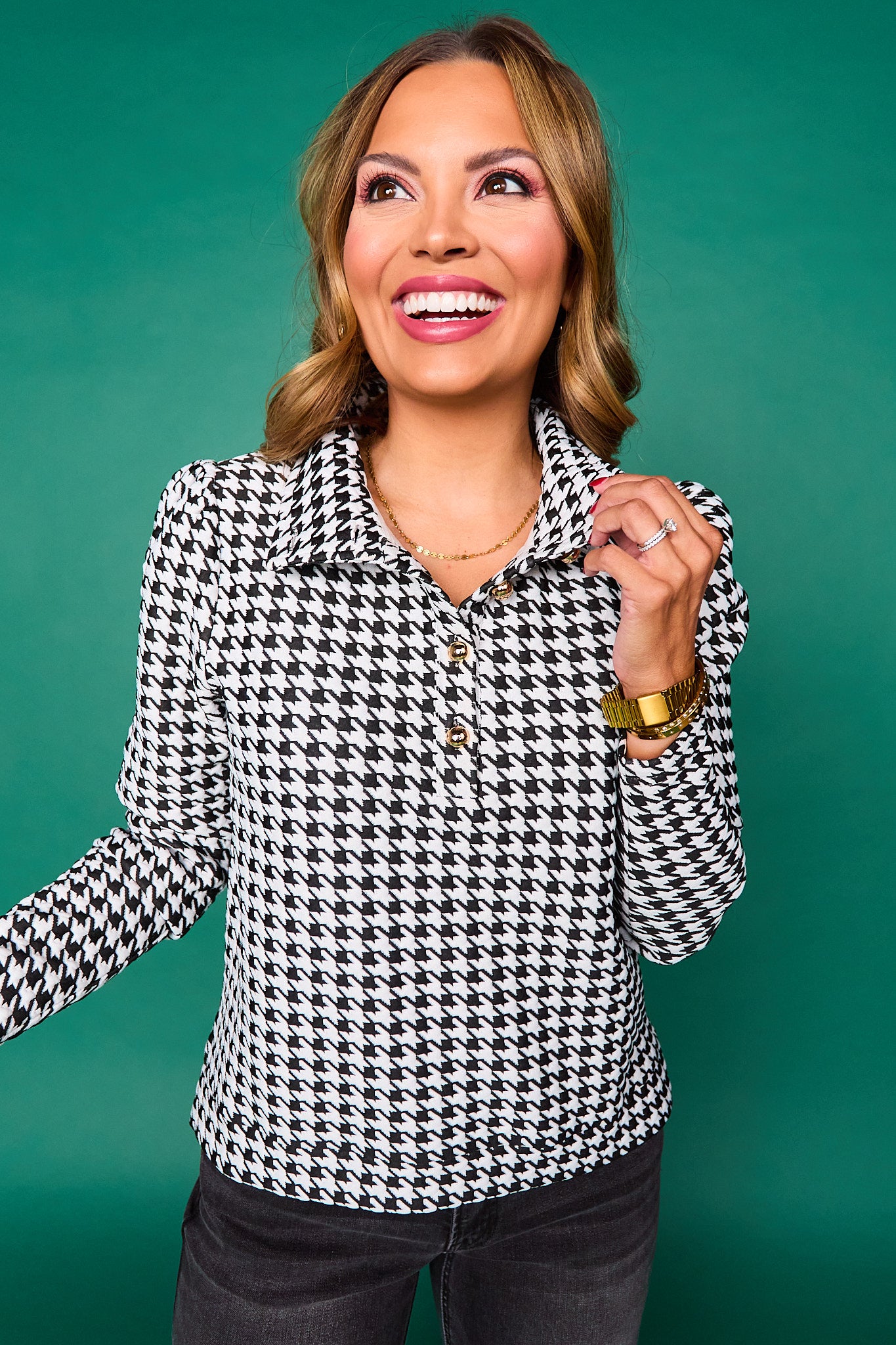 SSYS Kelly Mock Neck Long Sleeve Top In Black Houndstooth