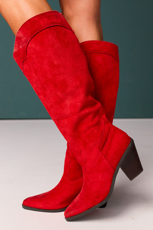 Red Suede Pointed Toe Cowboy Boots