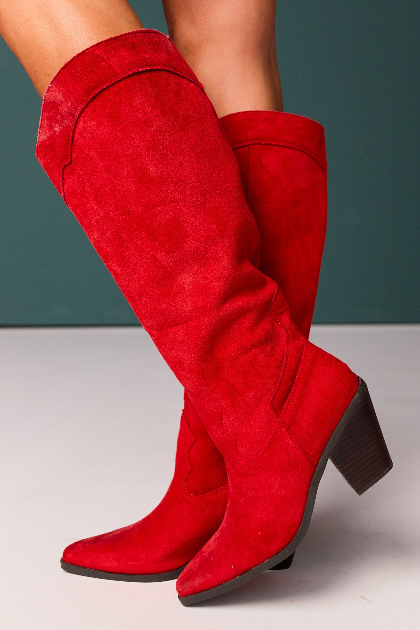 Red Suede Pointed Toe Cowboy Boots