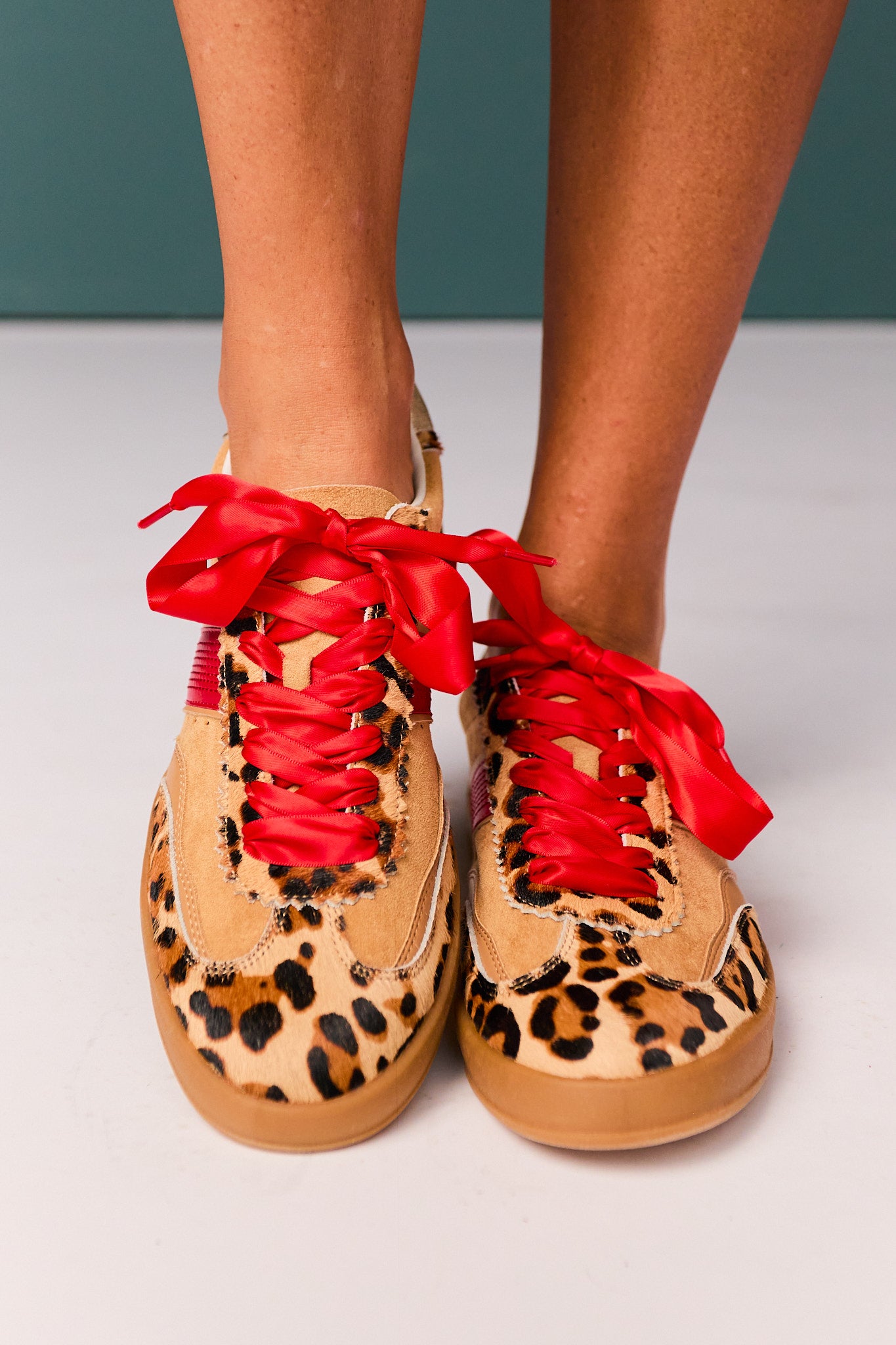 Brown Spotted Animal Red Lace-Up Sneakers