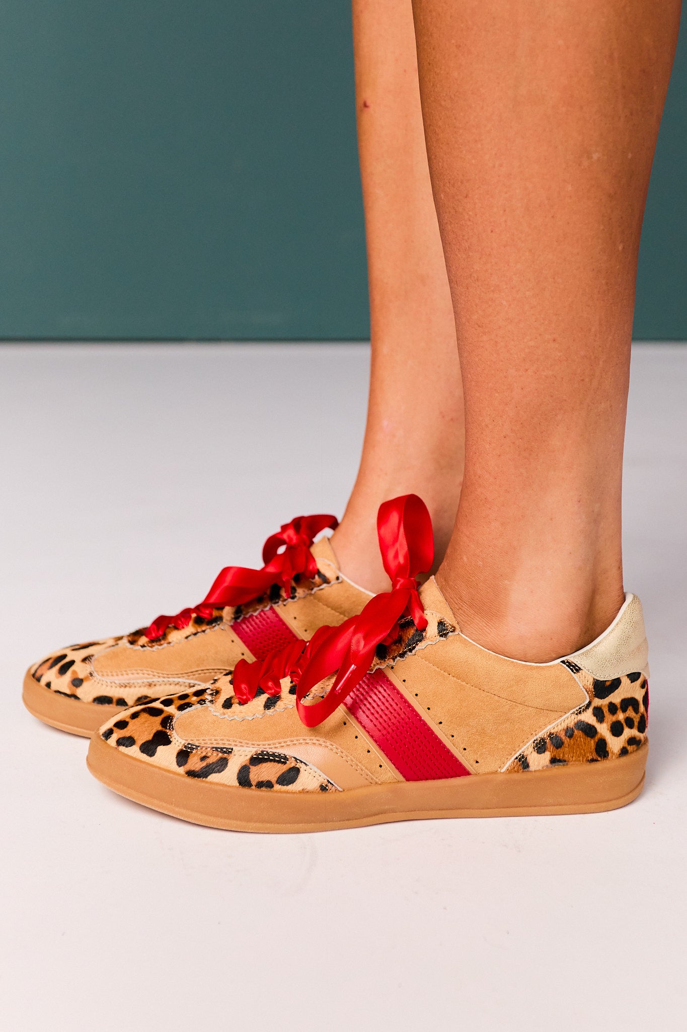 Brown Spotted Animal Red Lace-Up Sneakers
