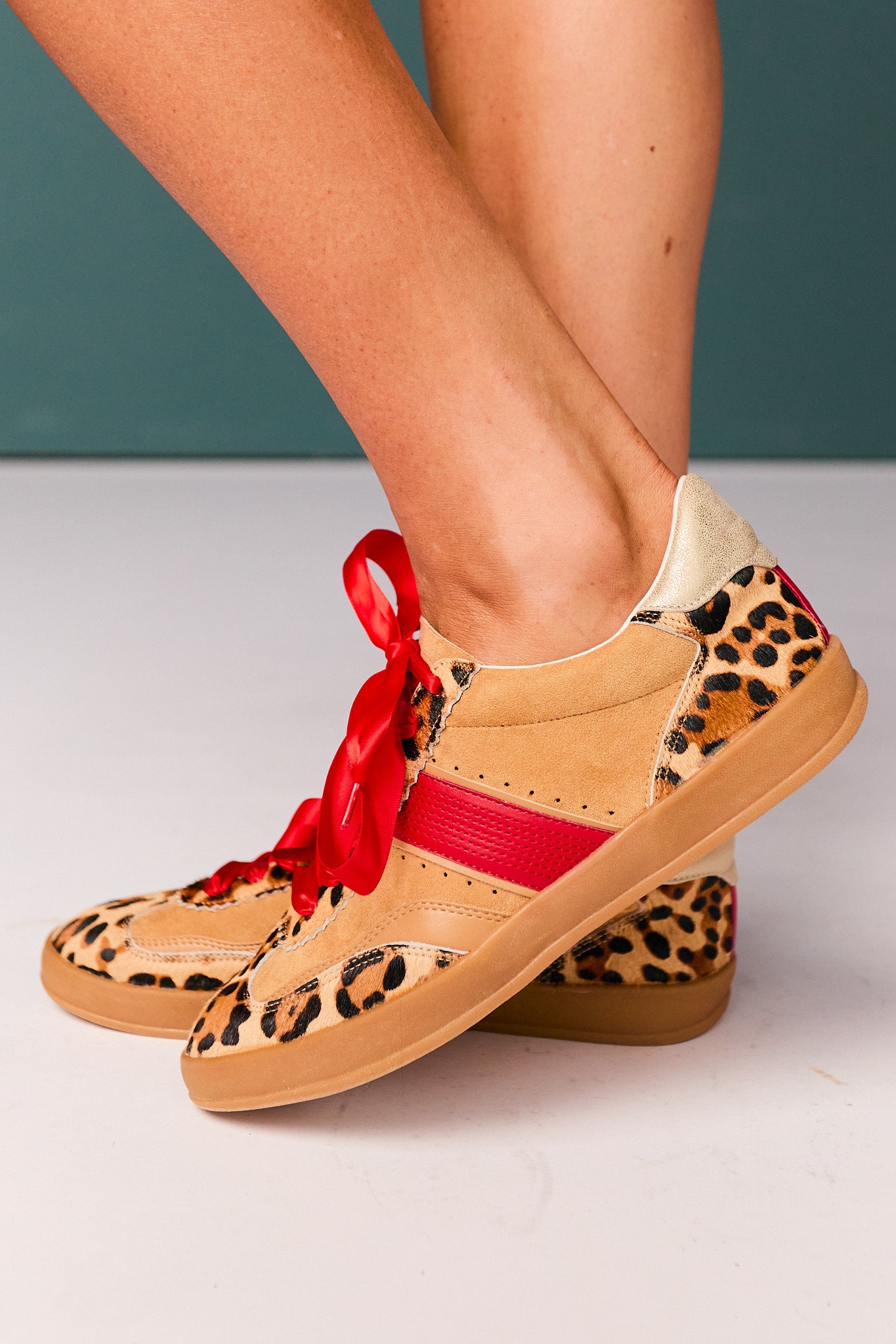 Brown Spotted Animal Red Lace-Up Sneakers