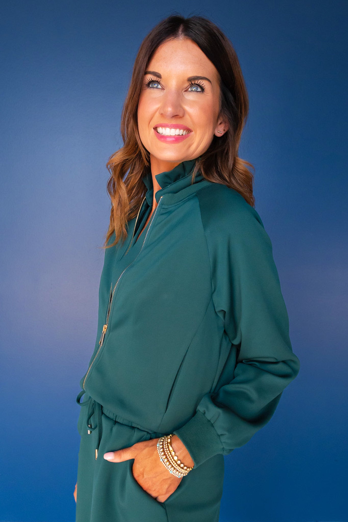 SSYS Evelyn Scuba Crew Neck Zip Jacket In Teal