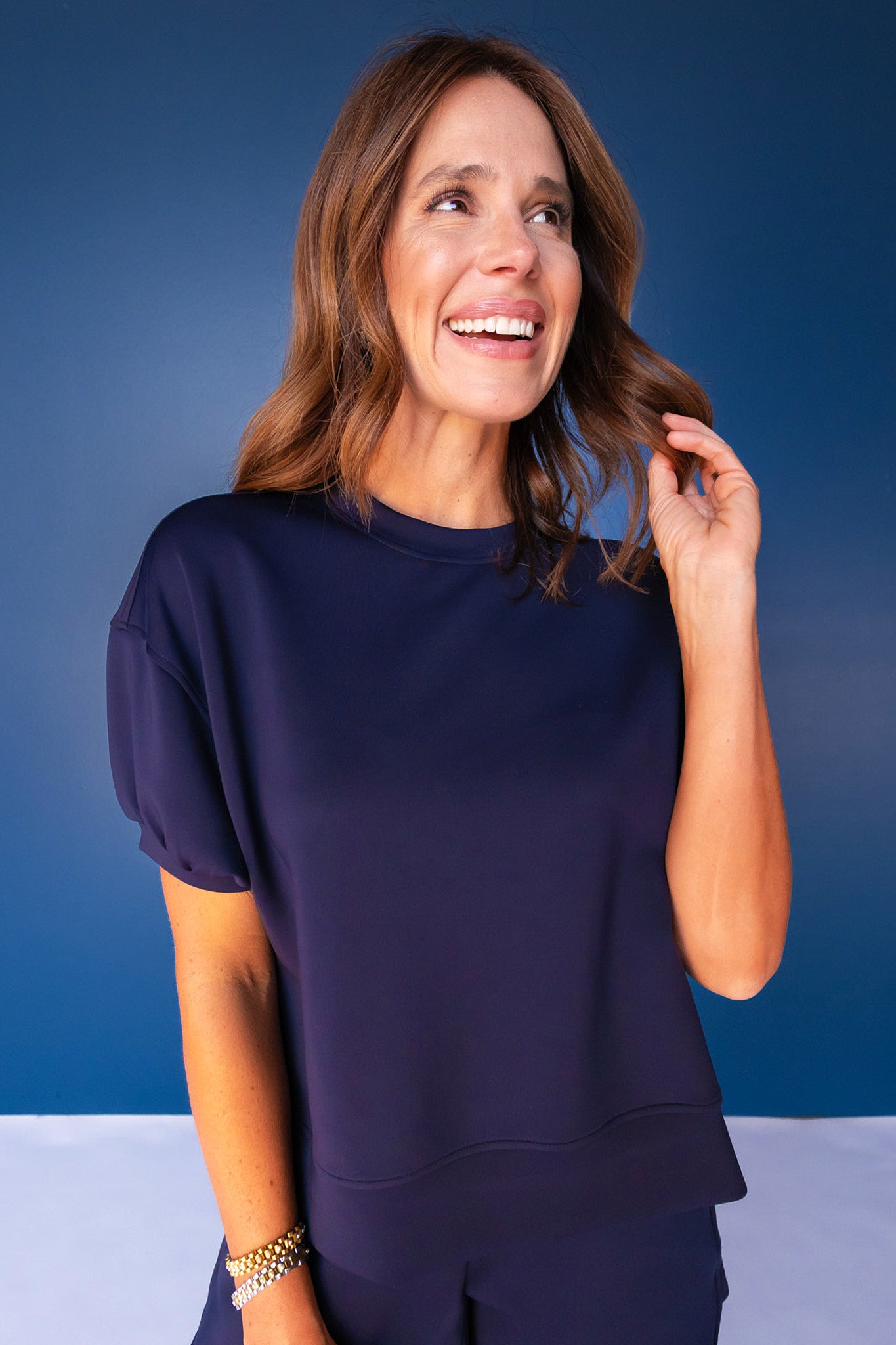 SSYS Crew Neck Short Sleeve Scuba Top In Navy