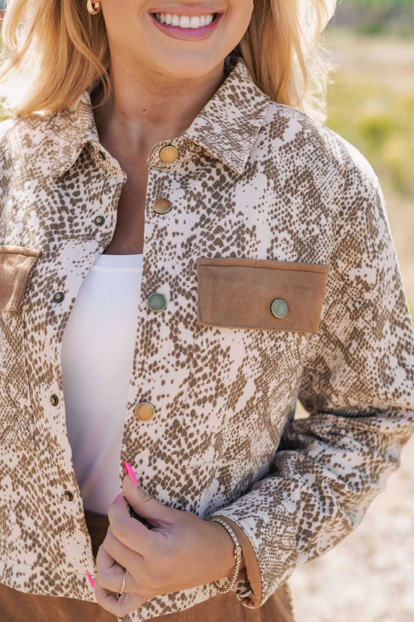 SSYS Signature Scale Animal Print Denim and Suede Cropped Shacket