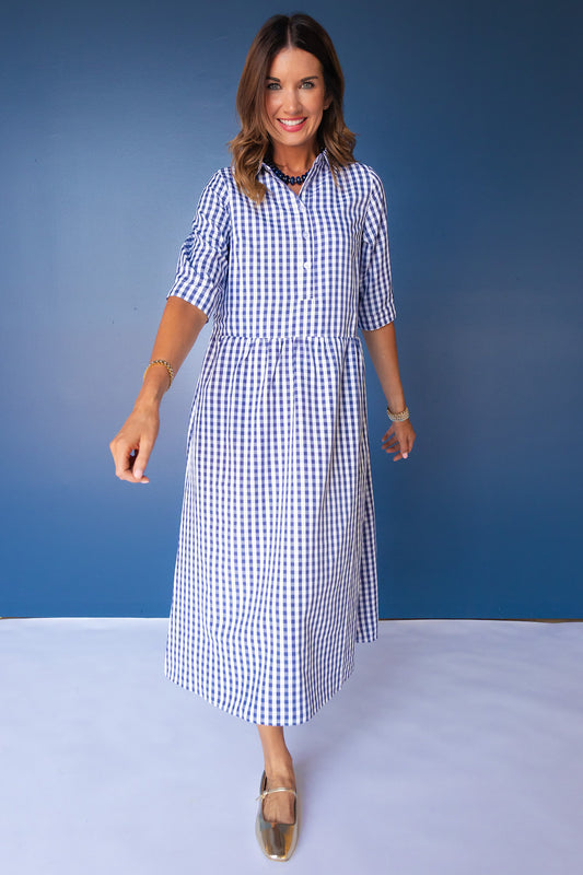 SSYS Cadence Drop Waist 3/4 Sleeve Collared Maxi Dress in Navy Gingham