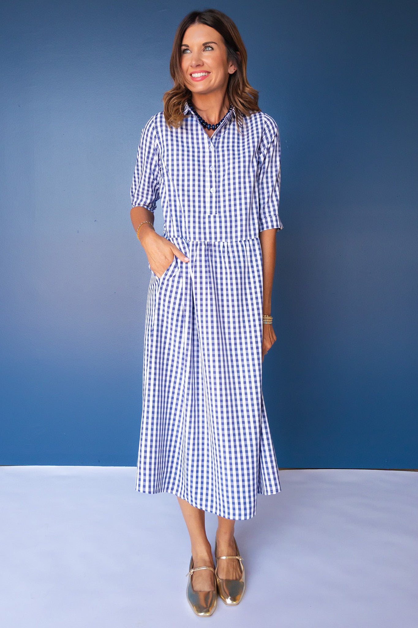 SSYS Cadence Drop Waist 3/4 Sleeve Collared Maxi Dress in Navy Gingham
