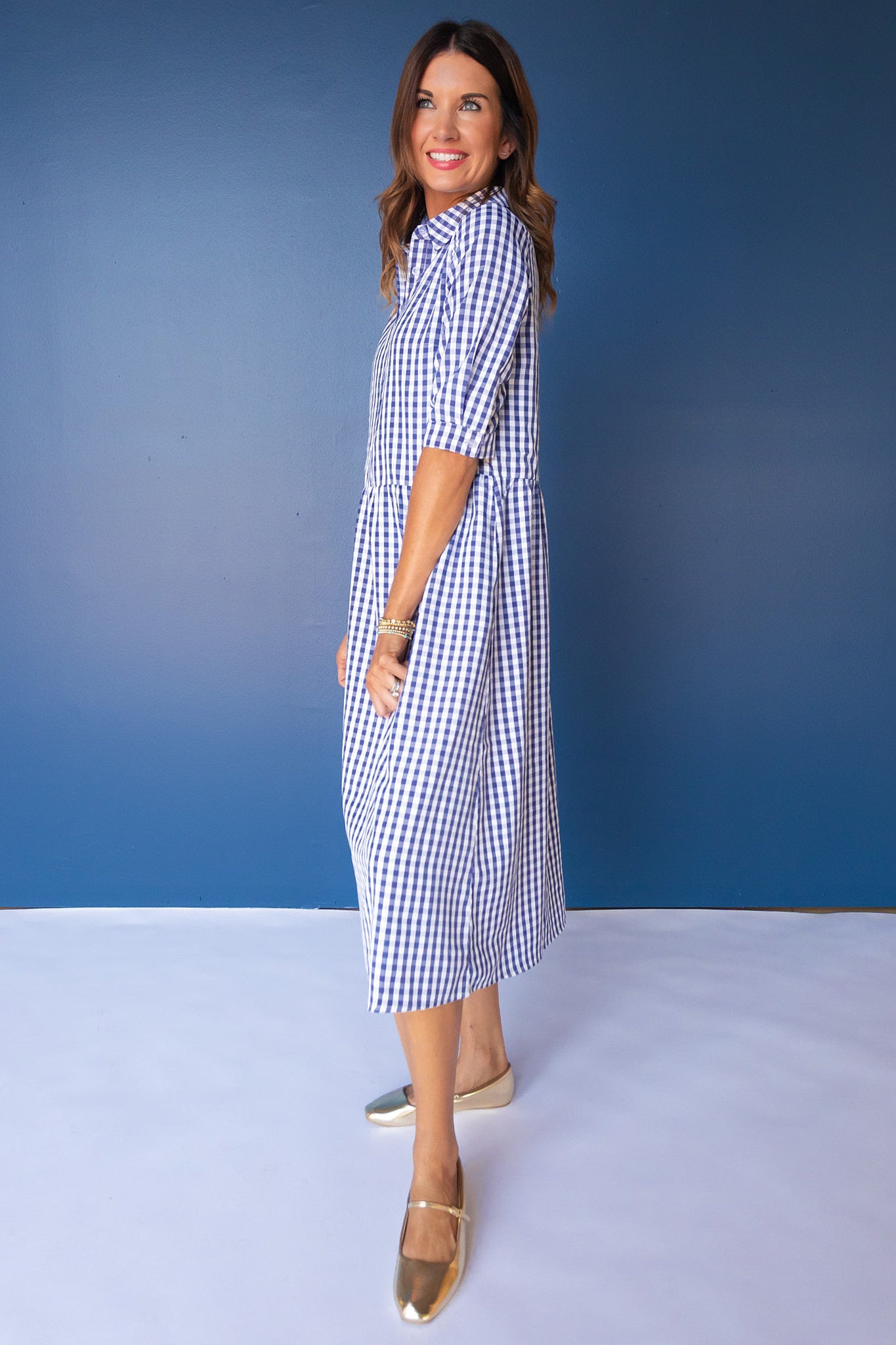 SSYS Cadence Drop Waist 3/4 Sleeve Collared Maxi Dress in Navy Gingham
