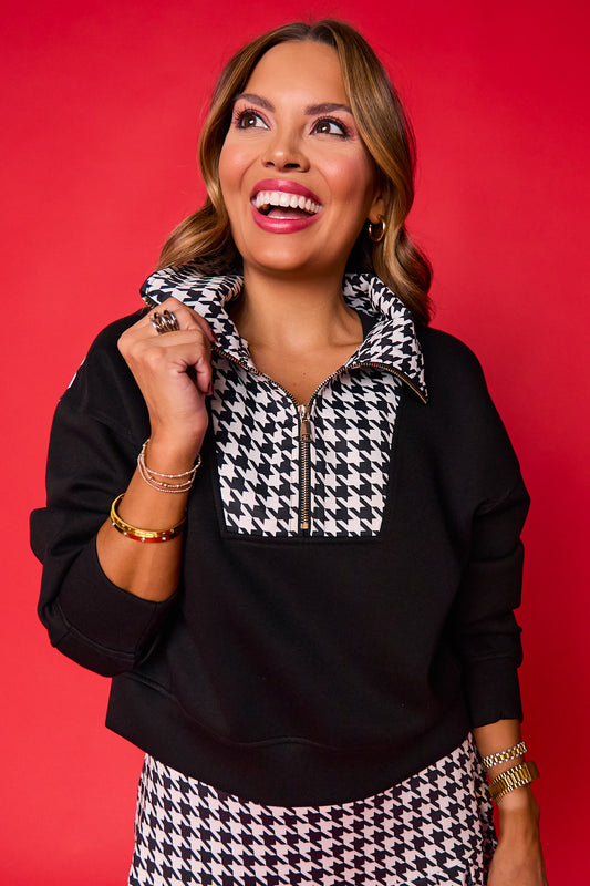 SSYS Ainsley Cropped Houndstooth Inset Air Pullover In Black