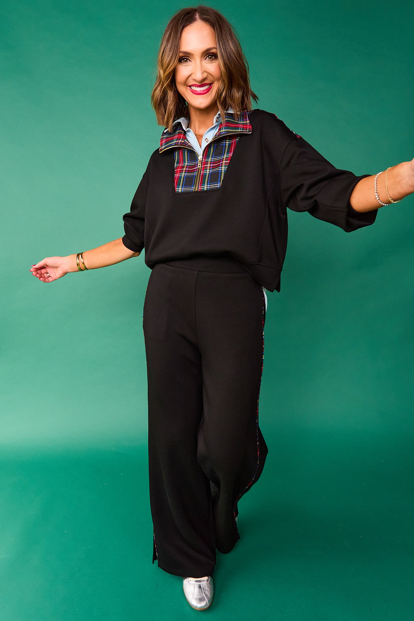 SSYS Ainsley Cropped Tartan Inset Air Pullover In Black