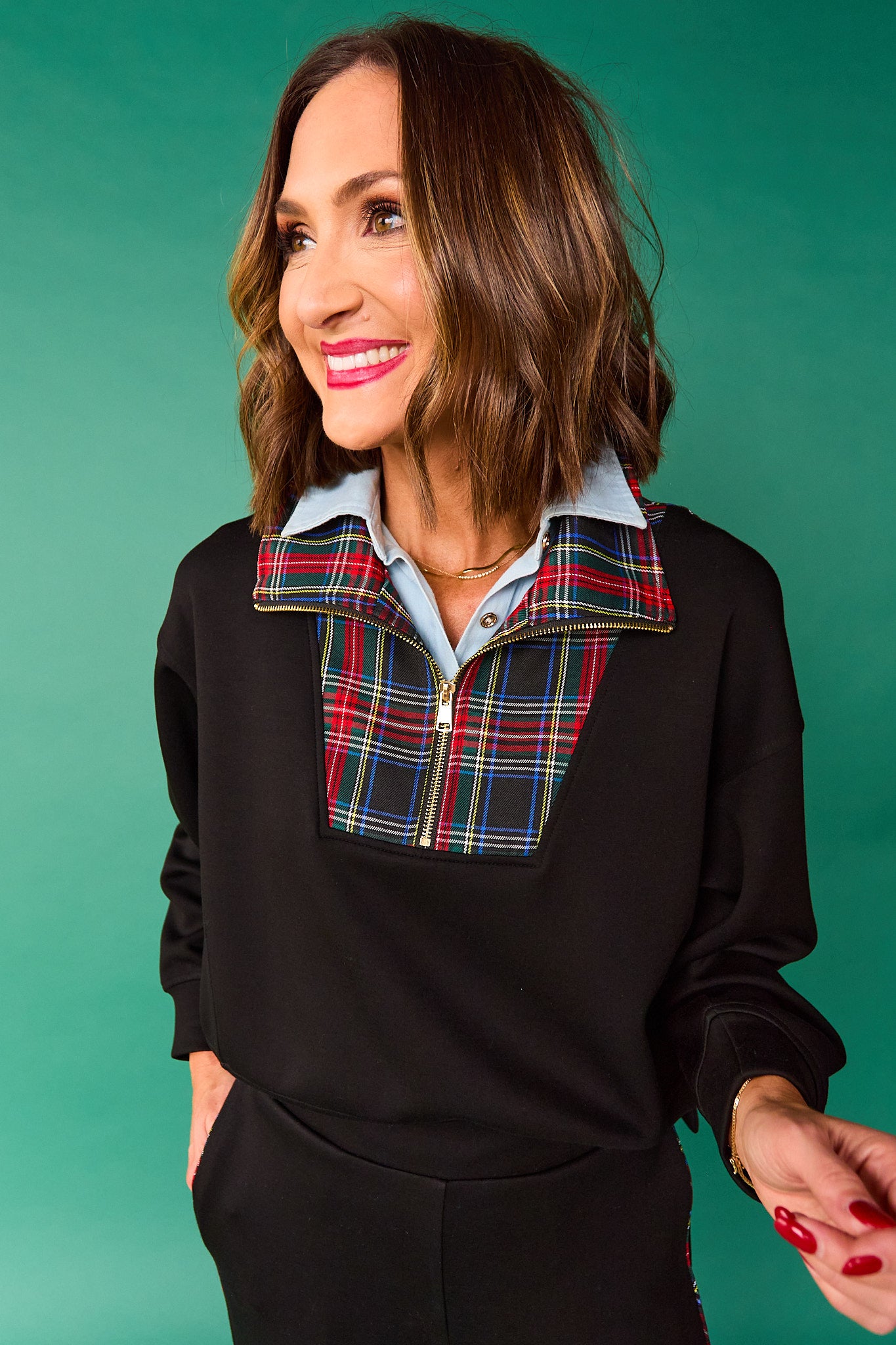 SSYS Ainsley Cropped Tartan Inset Air Pullover In Black