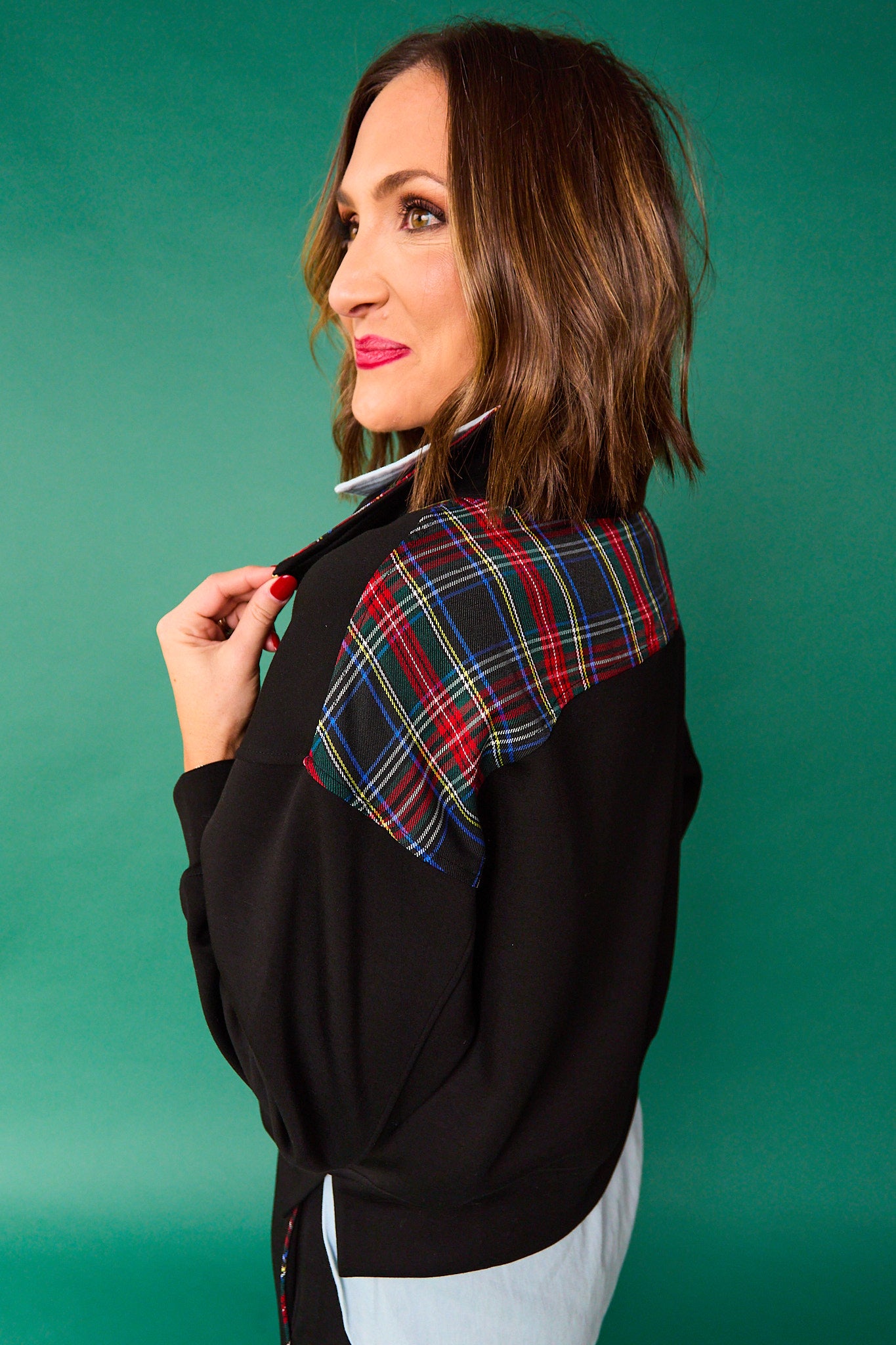 SSYS Ainsley Cropped Tartan Inset Air Pullover In Black