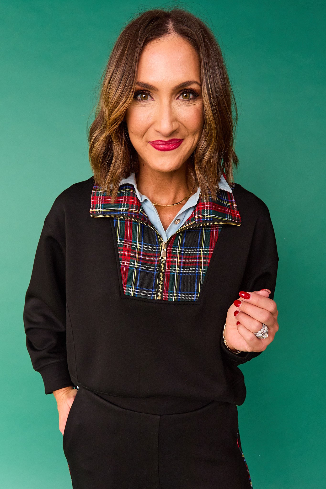 SSYS Ainsley Cropped Tartan Inset Air Pullover In Black