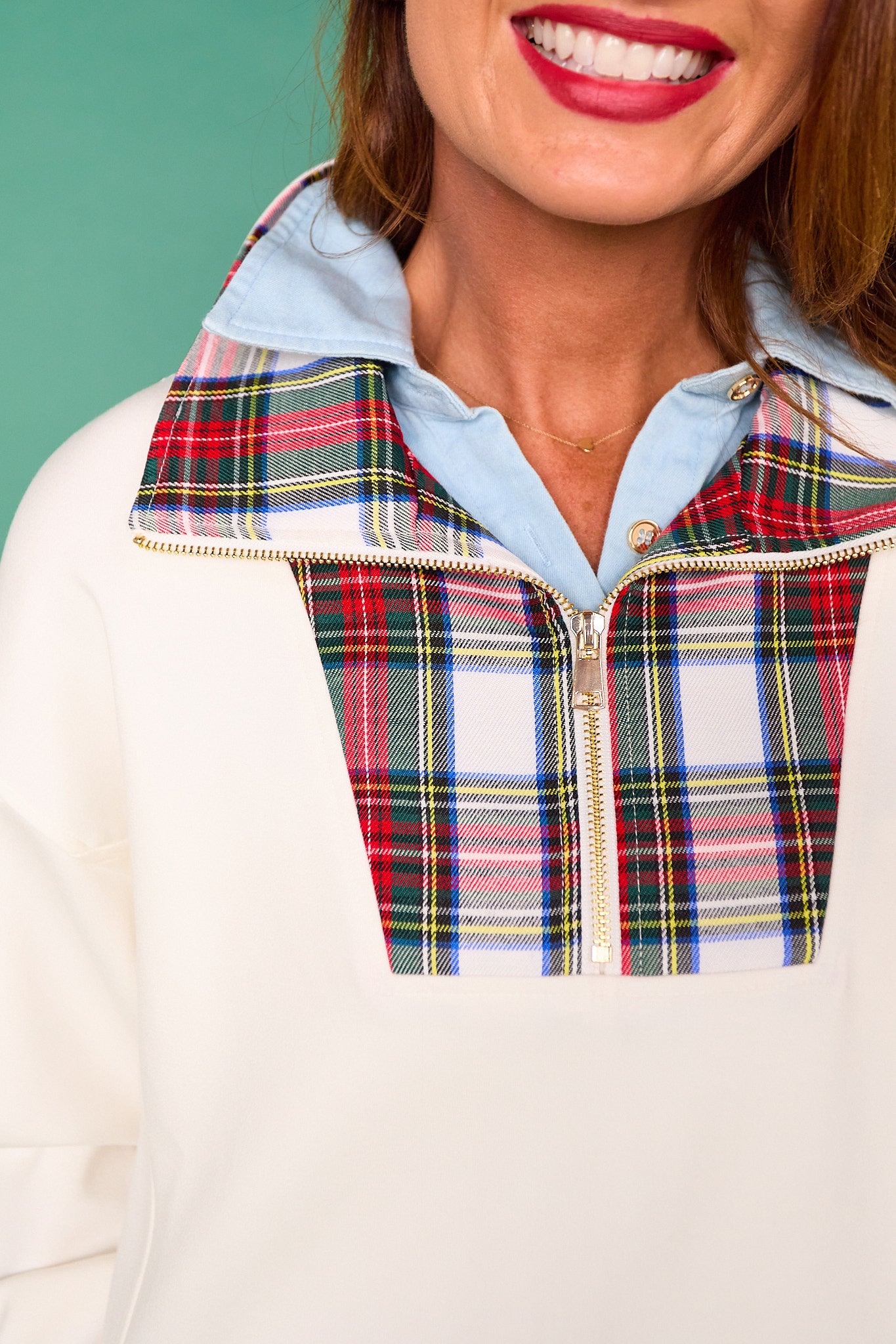 SSYS Ainsley Cropped Tartan Inset Air Pullover In Ivory
