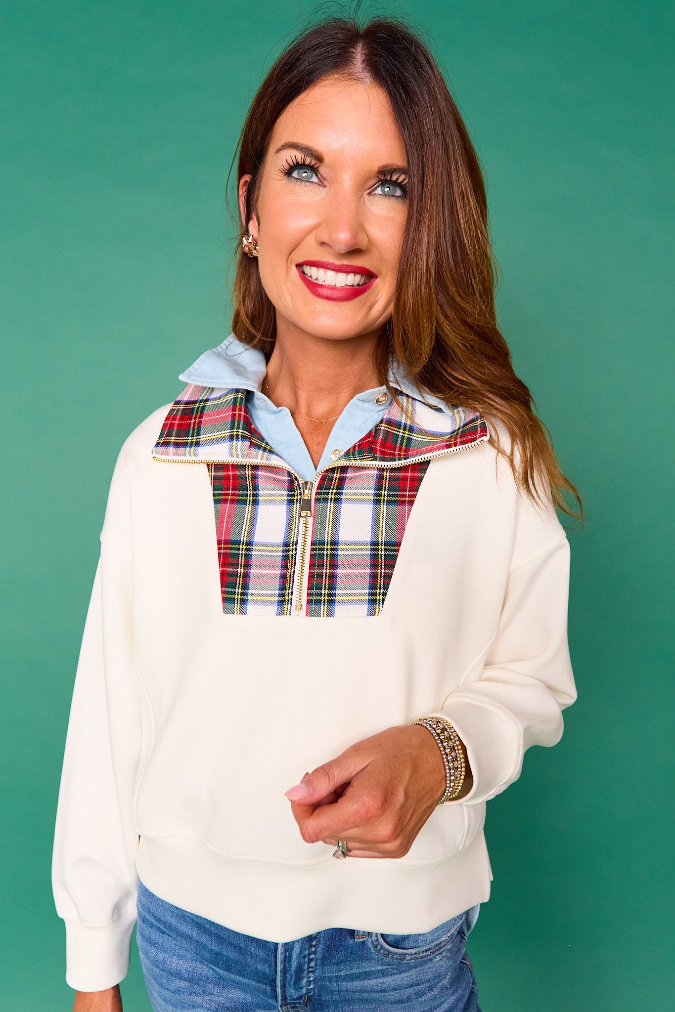 SSYS Ainsley Cropped Tartan Inset Air Pullover In Ivory