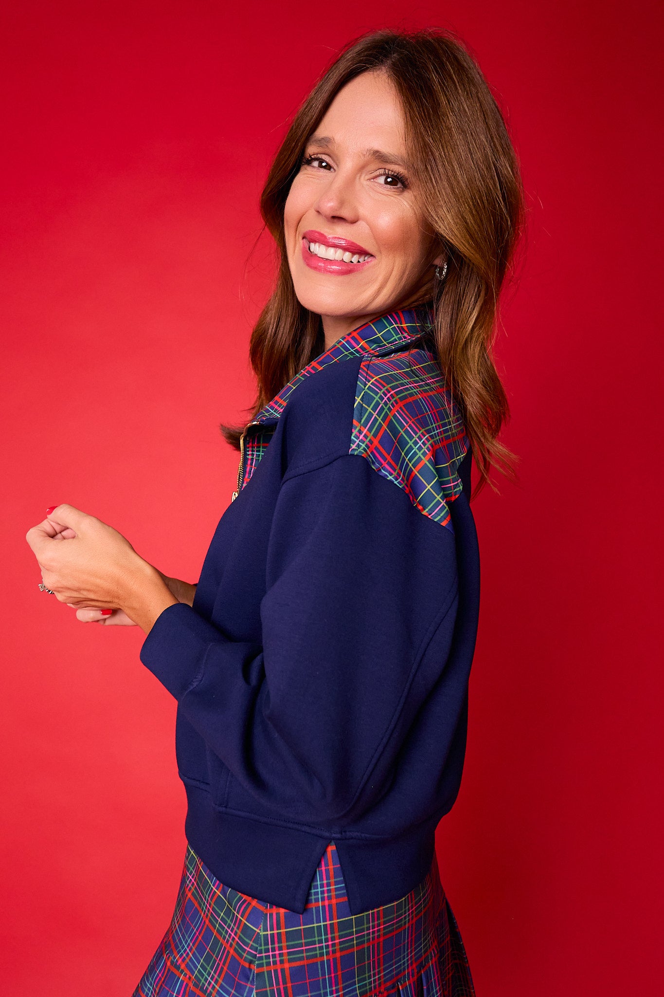 SSYS Ainsley Cropped Navy Tartan Inset Air Pullover In Navy