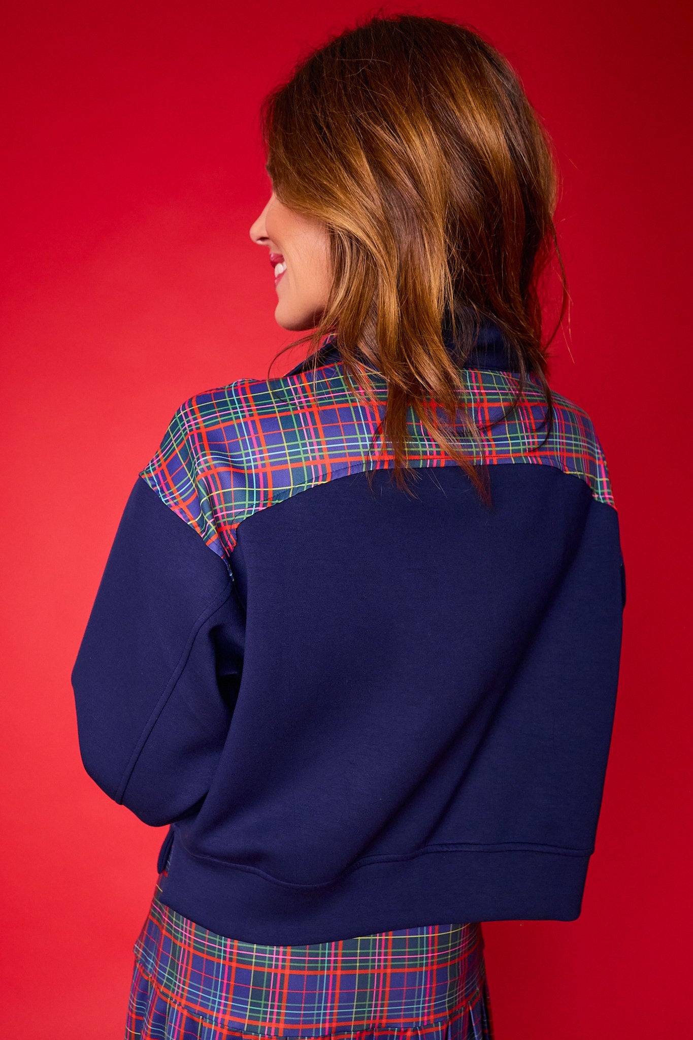 SSYS Ainsley Cropped Navy Tartan Inset Air Pullover In Navy