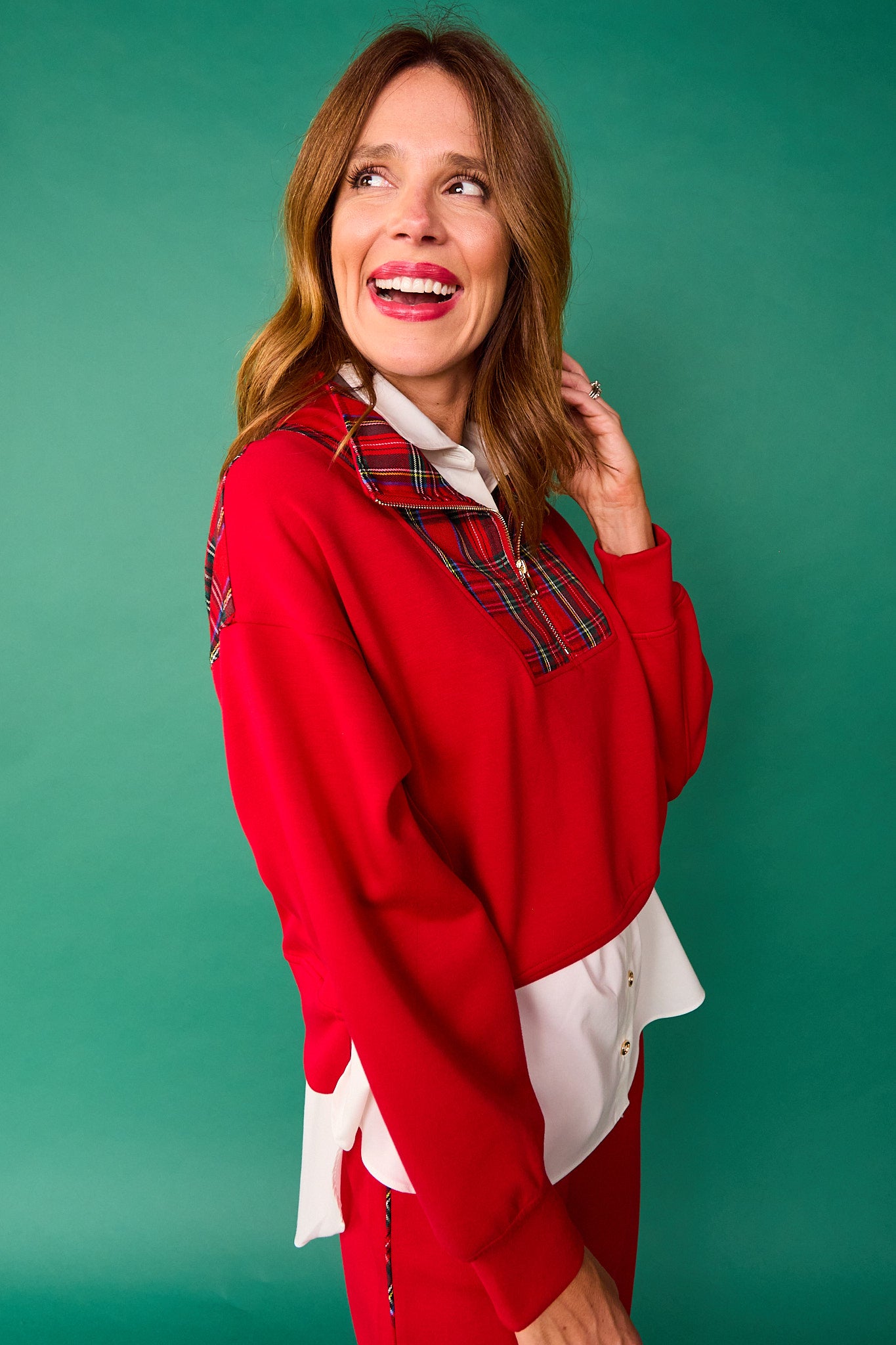 SSYS Ainsley Cropped Tartan Inset Air Pullover In Red