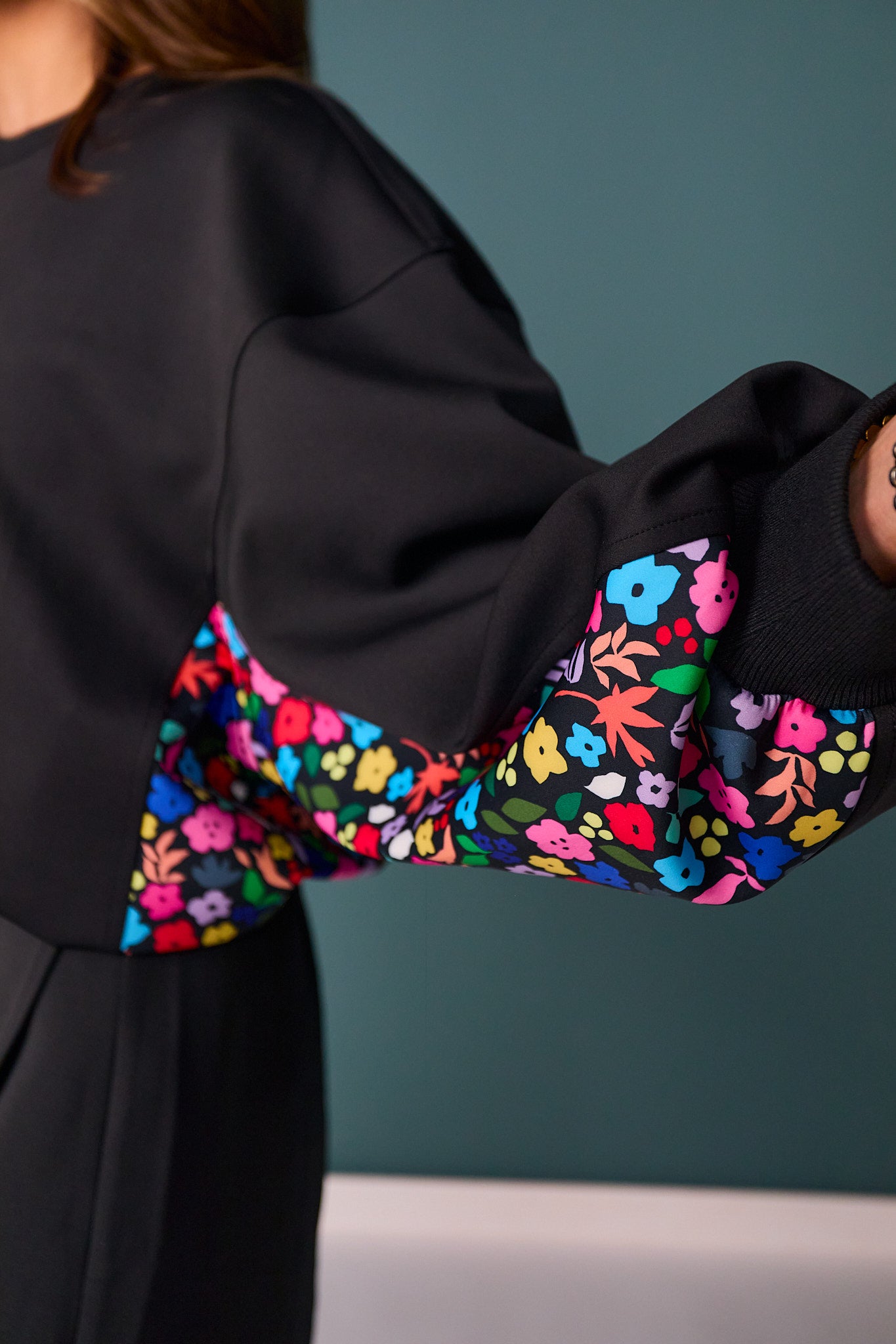 SSYS Crew Neck Printed Panel Scuba Sweatshirt In Bright Petal Party