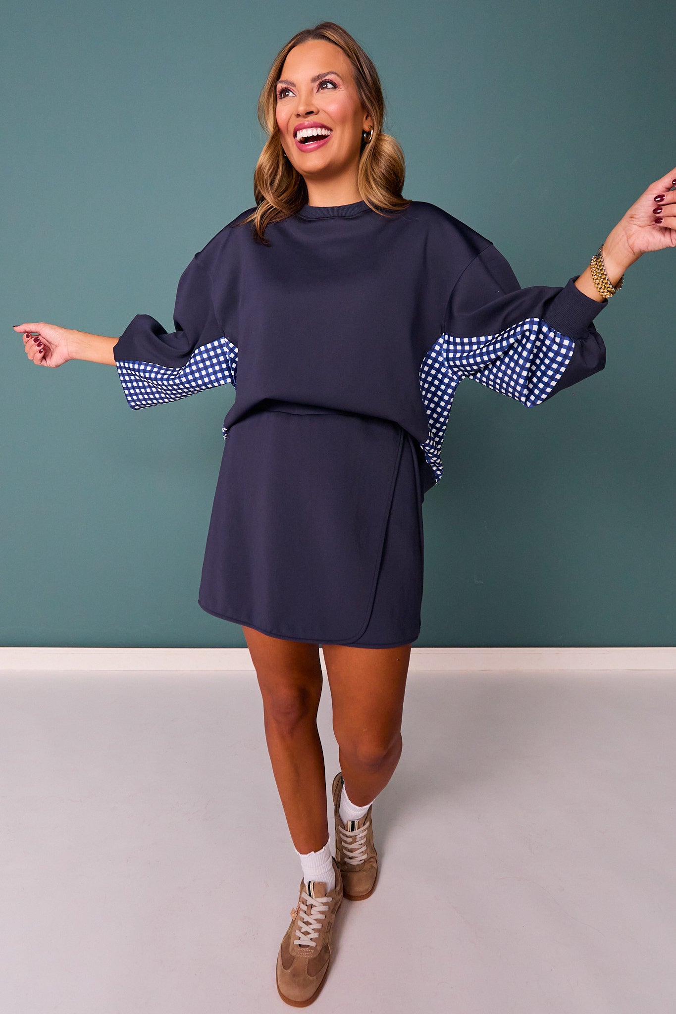 SSYS Crew Neck Printed Panel Scuba Sweatshirt In Navy Gingham