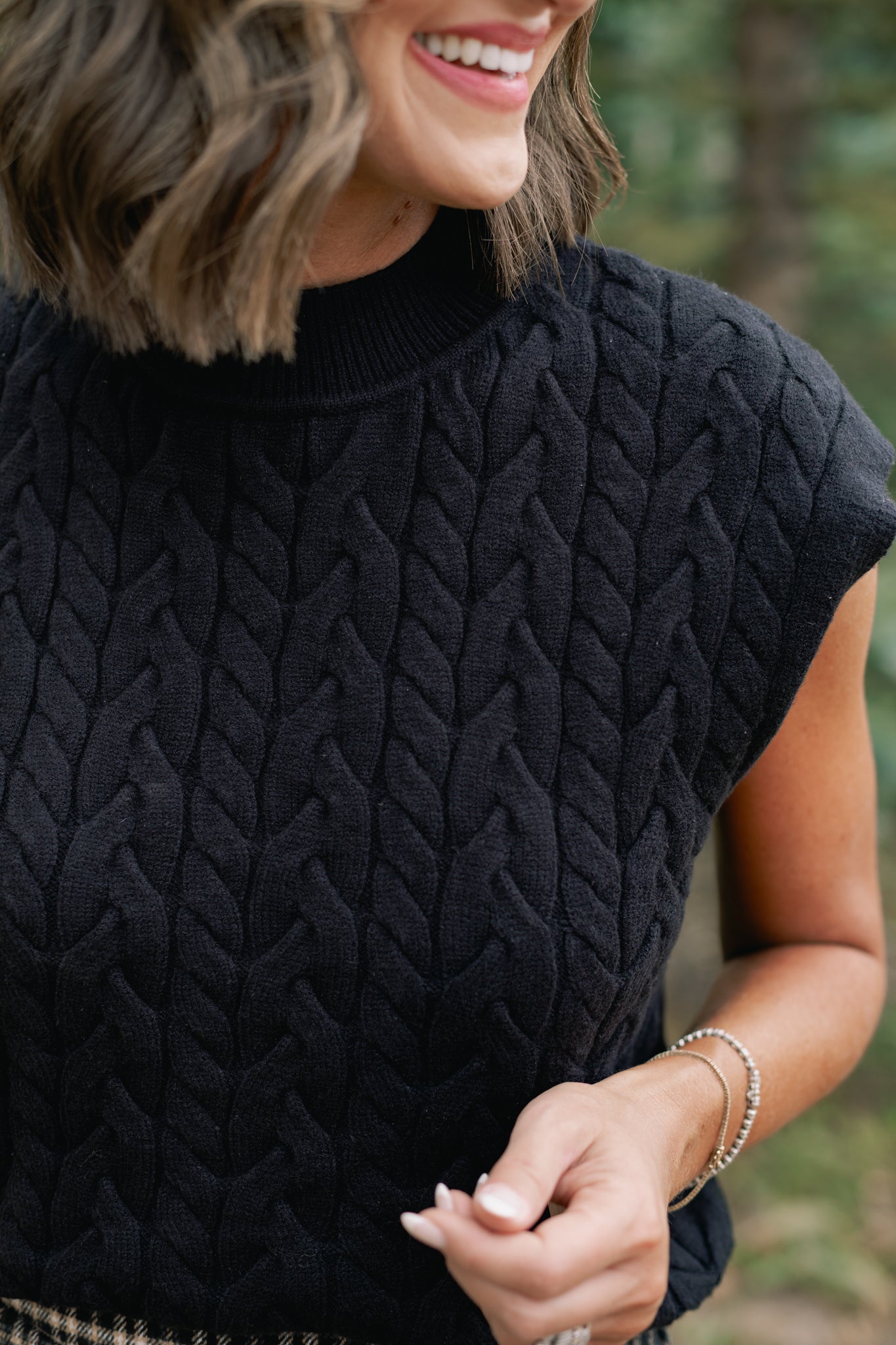 *PRE-AUTH ETA SEPT* SSYS Giselle Cap Sleeve Cable Knit Mock Neck Sweater In Black