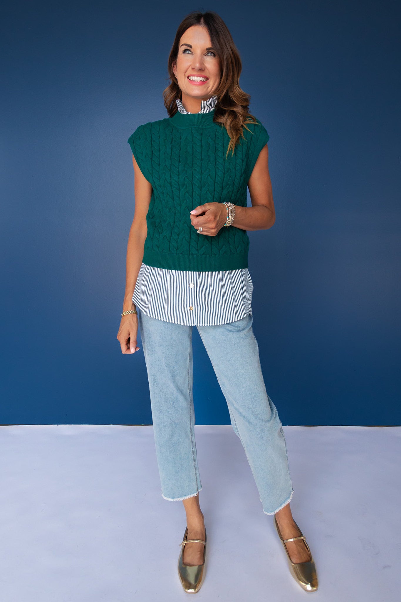 SSYS Giselle Cap Sleeve Cable Knit Mock Neck Sweater In Hunter