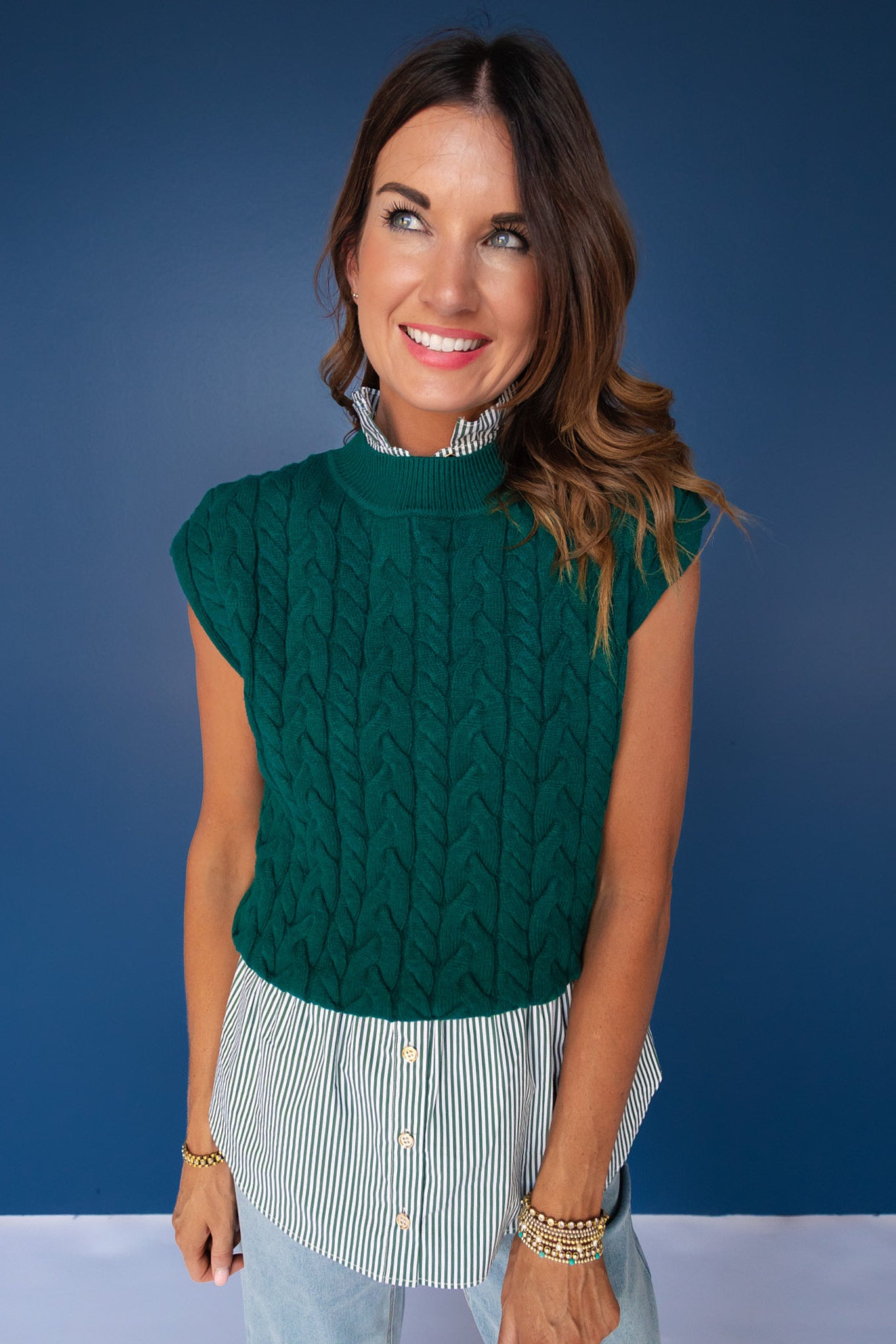 SSYS Giselle Cap Sleeve Cable Knit Mock Neck Sweater In Hunter