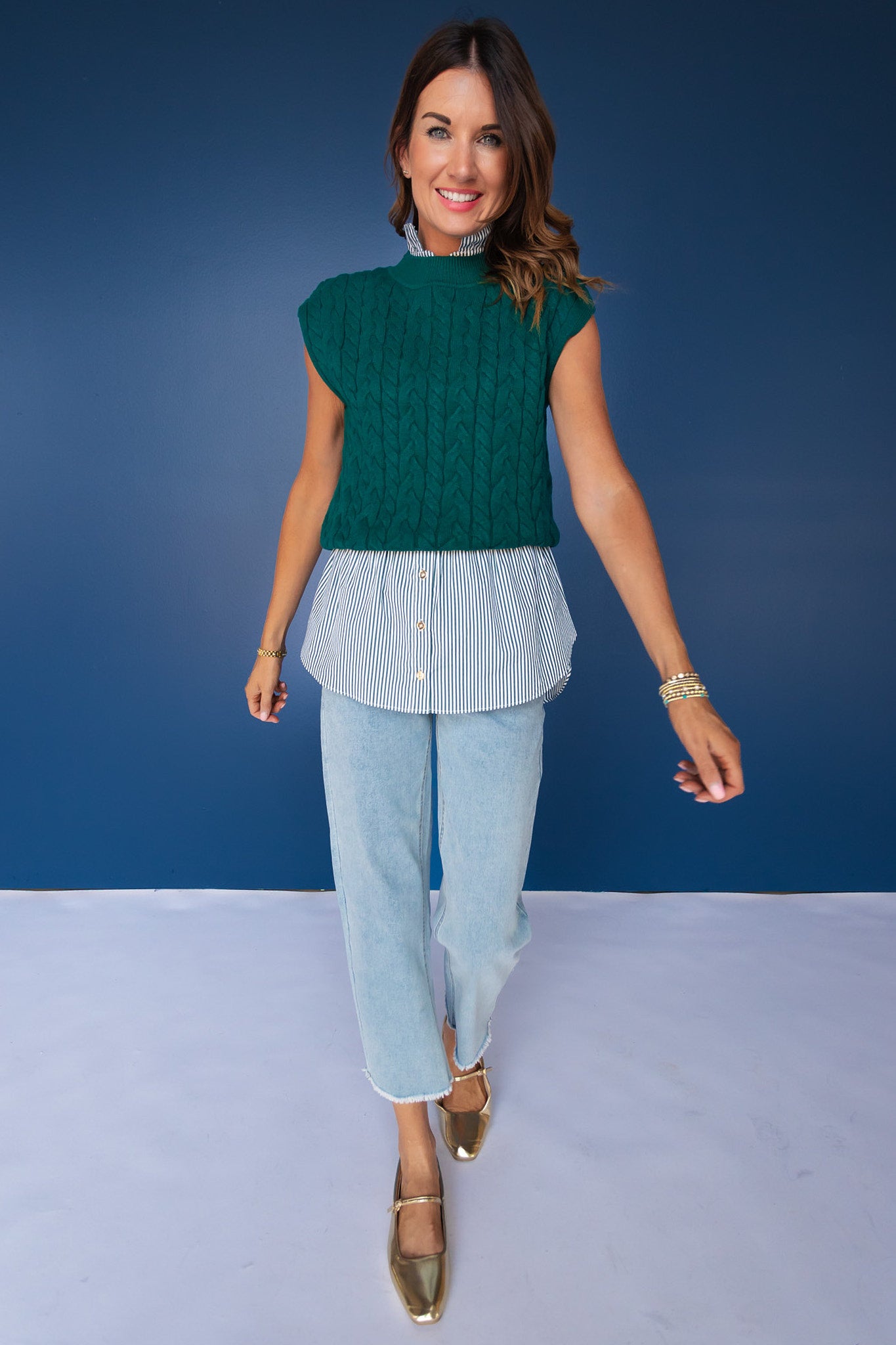 SSYS Giselle Cap Sleeve Cable Knit Mock Neck Sweater In Hunter