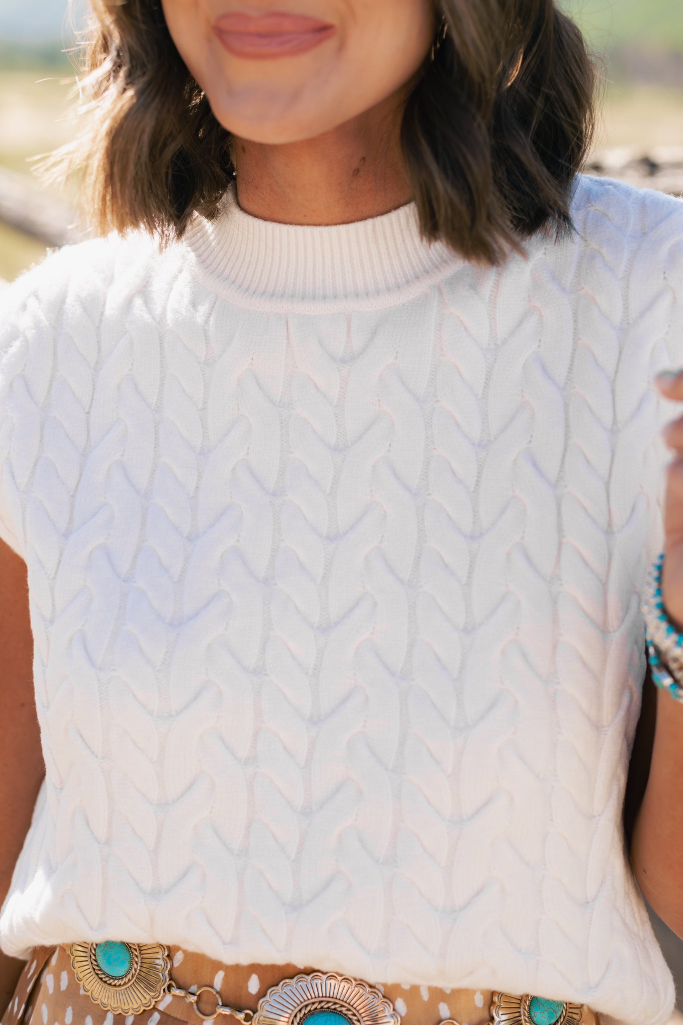 SSYS Giselle Cap Sleeve Cable Knit Mock Neck Sweater In Ivory