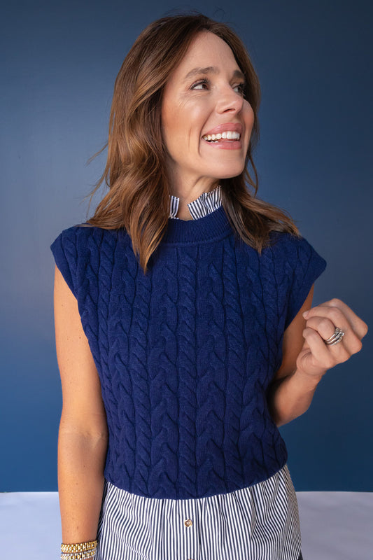 SSYS Giselle Cap Sleeve Cable Knit Mock Neck Sweater In Navy