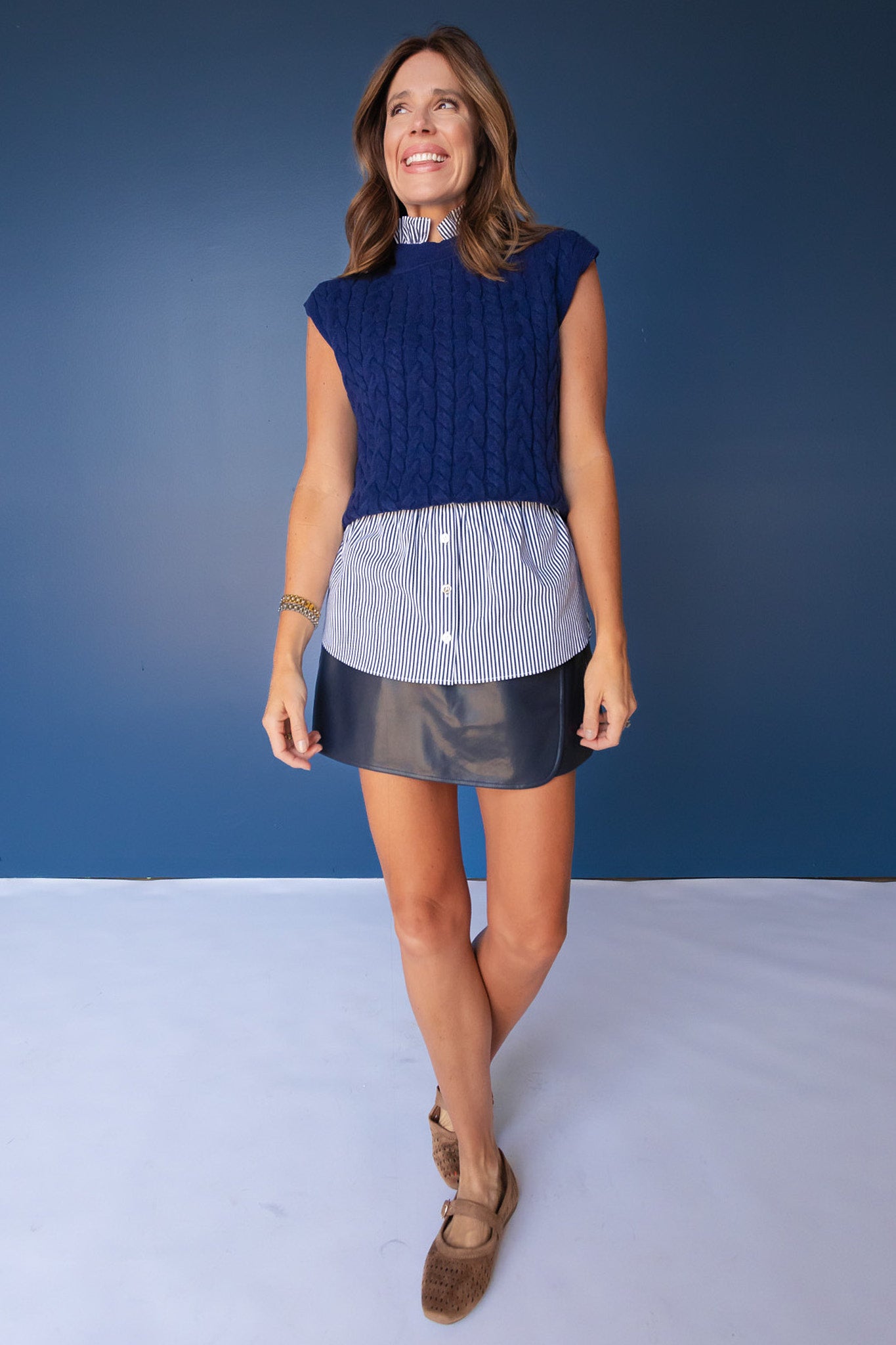 SSYS Giselle Cap Sleeve Cable Knit Mock Neck Sweater In Navy