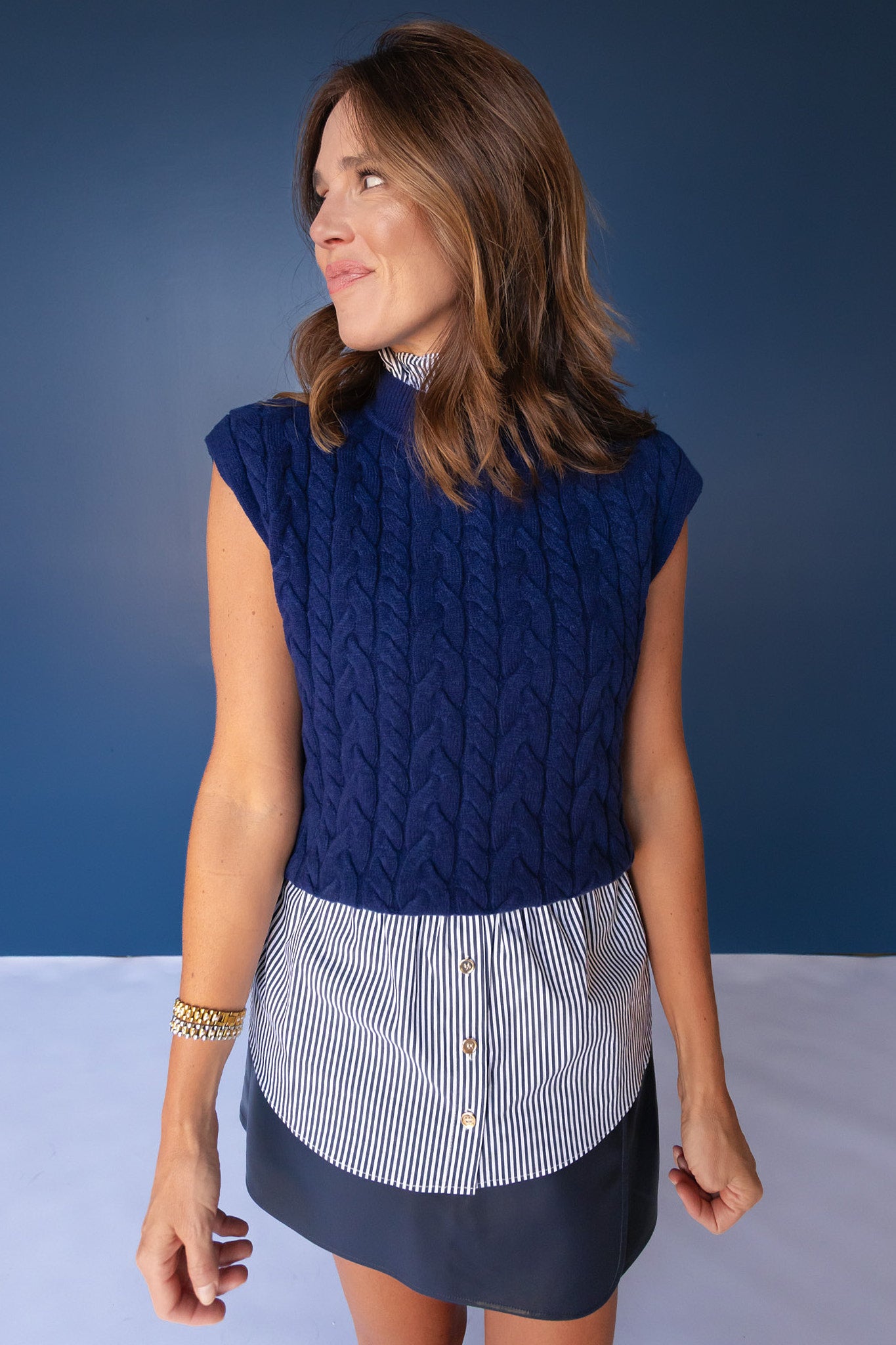 SSYS Giselle Cap Sleeve Cable Knit Mock Neck Sweater In Navy