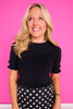 SSYS Alina Short Sleeve Ruffle Sweater Top In Black