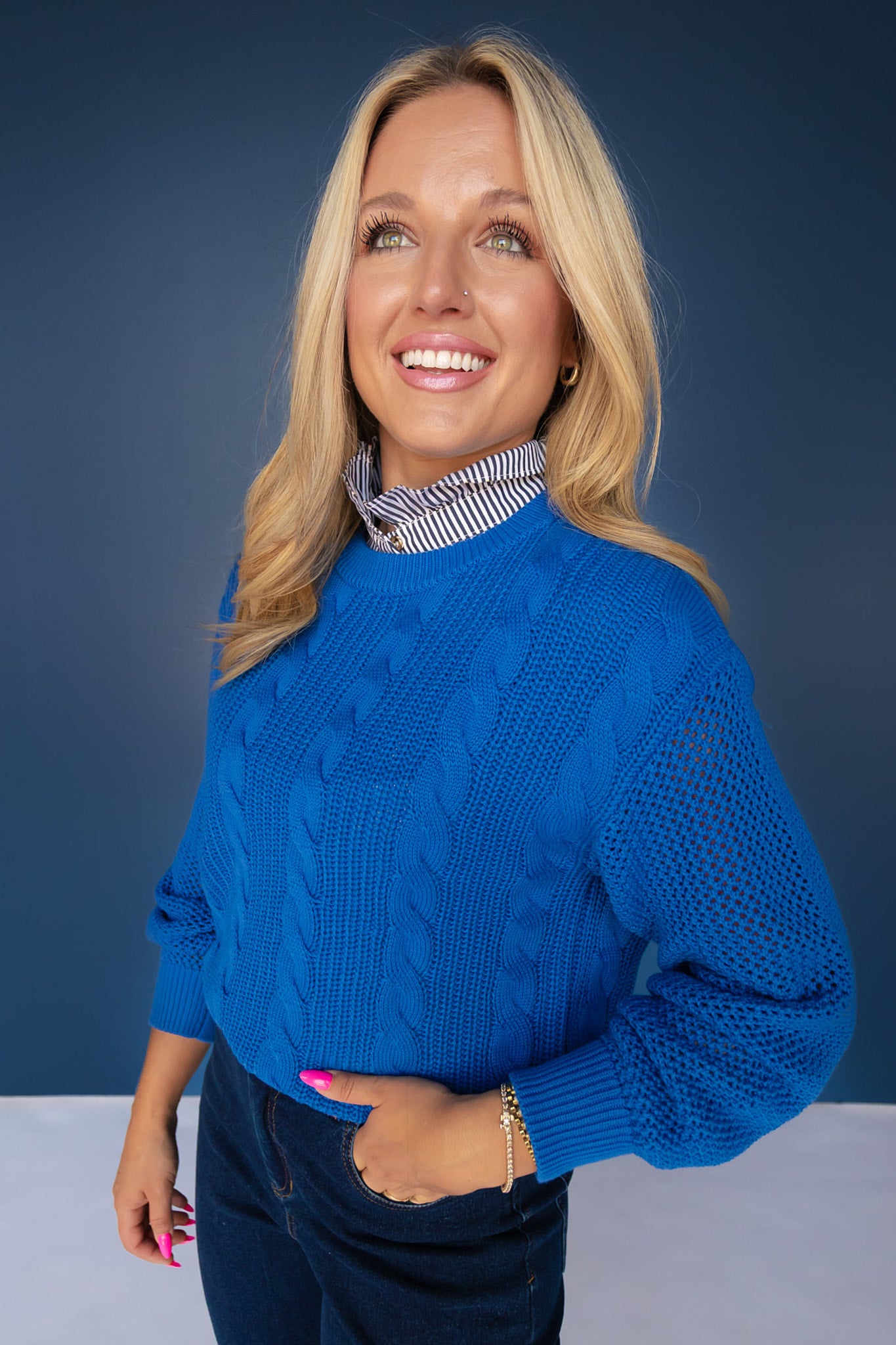 SSYS Henley Open Weave Long Sleeve Sweater In Electric Cornflower