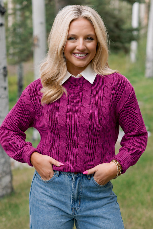 SSYS Henley Open Weave Long Sleeve Sweater In Dark Berry
