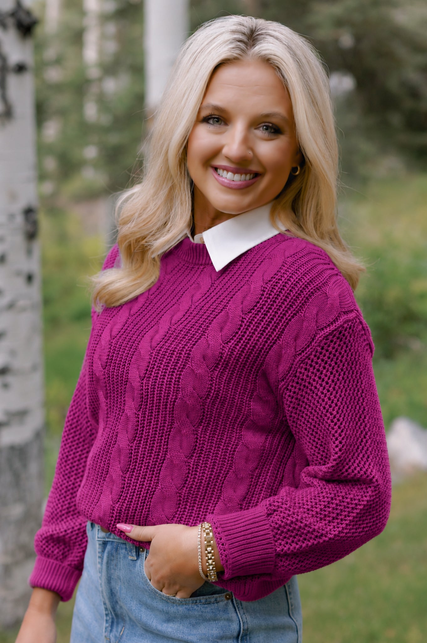 SSYS Henley Open Weave Long Sleeve Sweater In Dark Berry