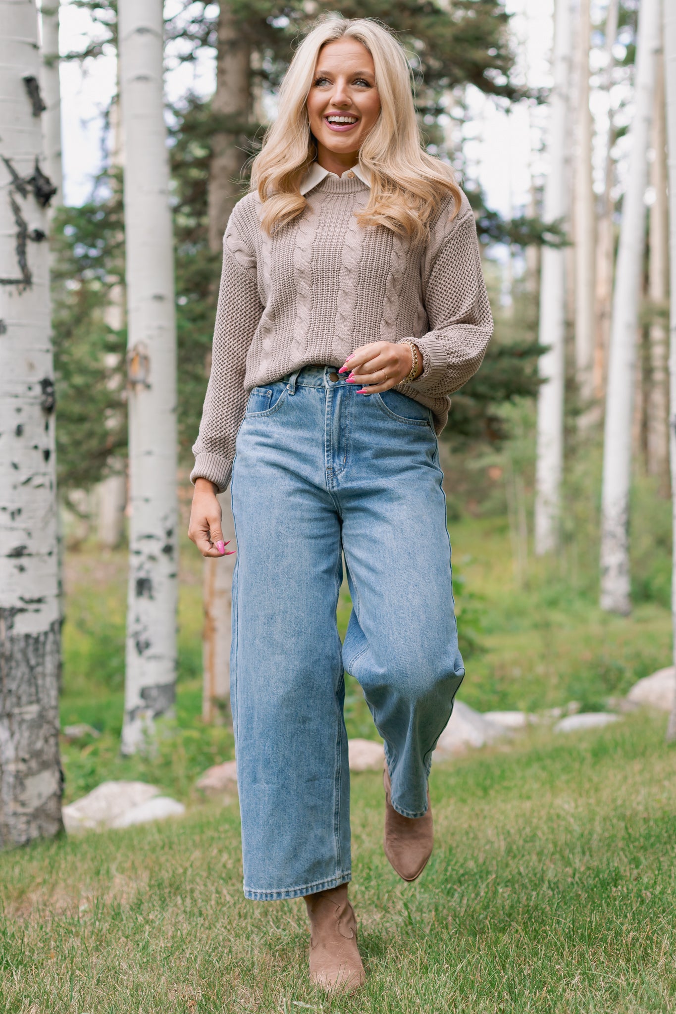 SSYS Henley Open Weave Long Sleeve Sweater In Light Taupe