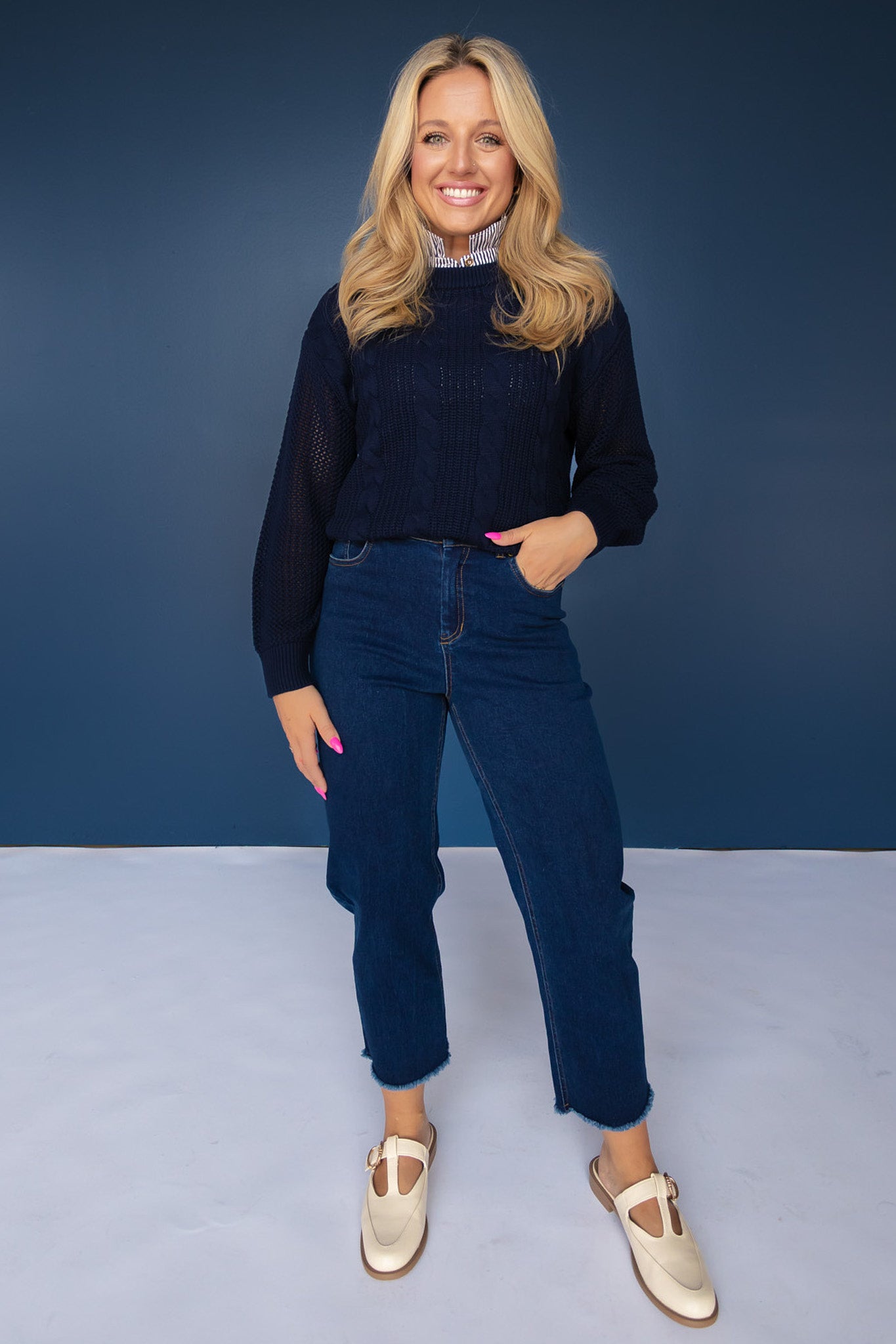 *ETA OCT* SSYS Henley Open Weave Long Sleeve Sweater In Navy *FINAL SALE*
