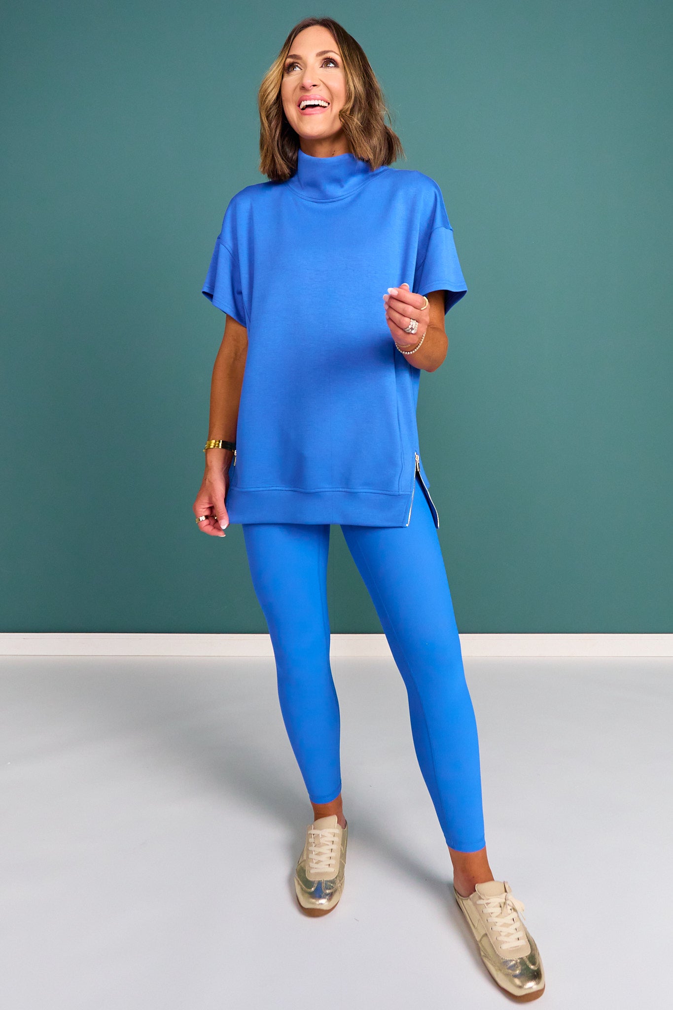 SSYS Gigi Air Mock Neck Short Sleeve Pullover In Cerulean