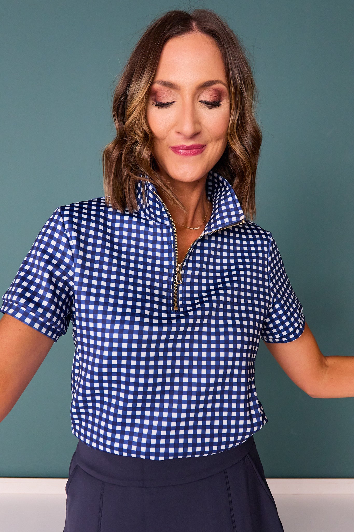 SSYS Scuba Short Sleeve Zip Up Top In Navy Gingham
